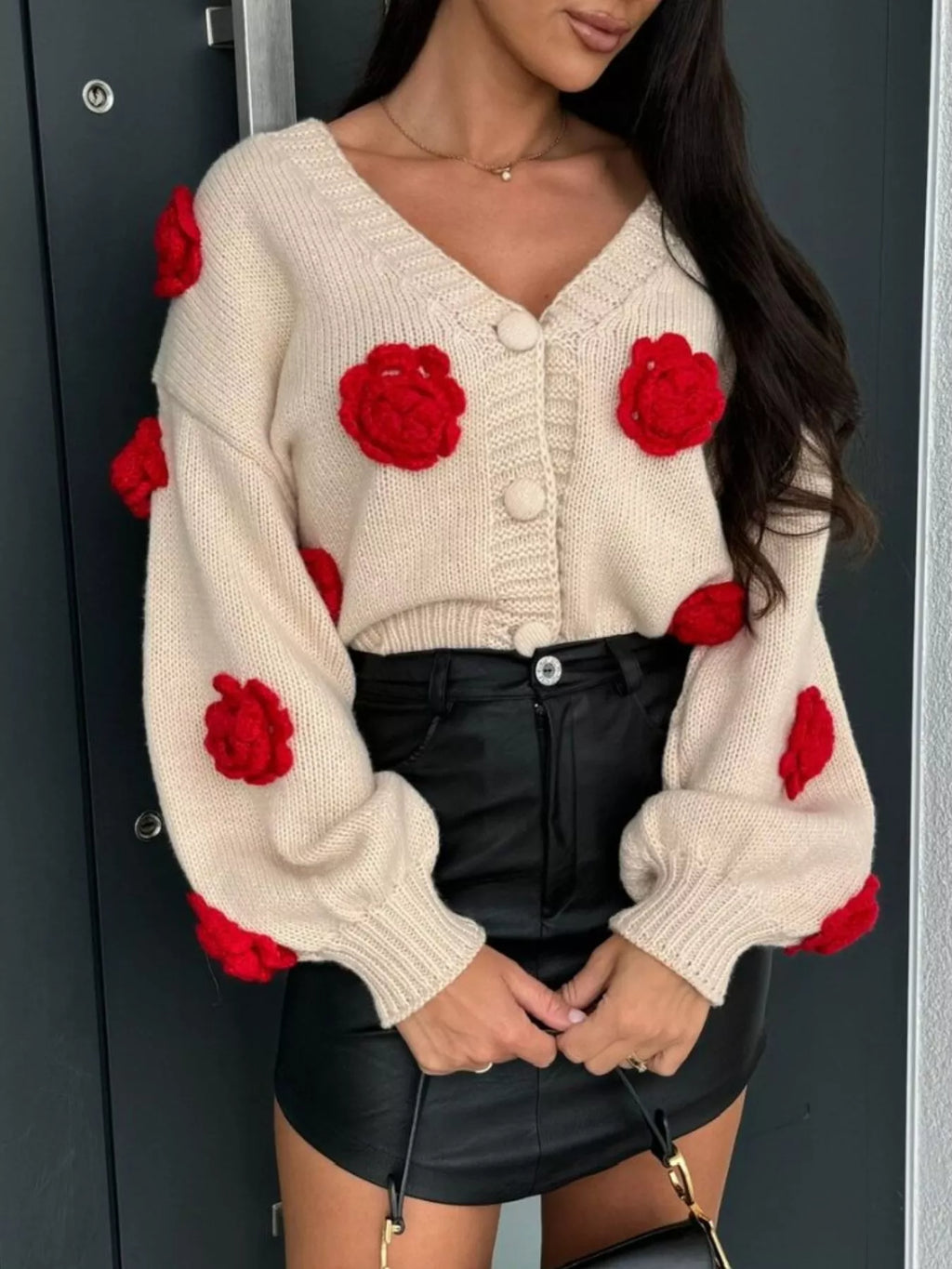 Rose Embellished V-Neck Cardigan