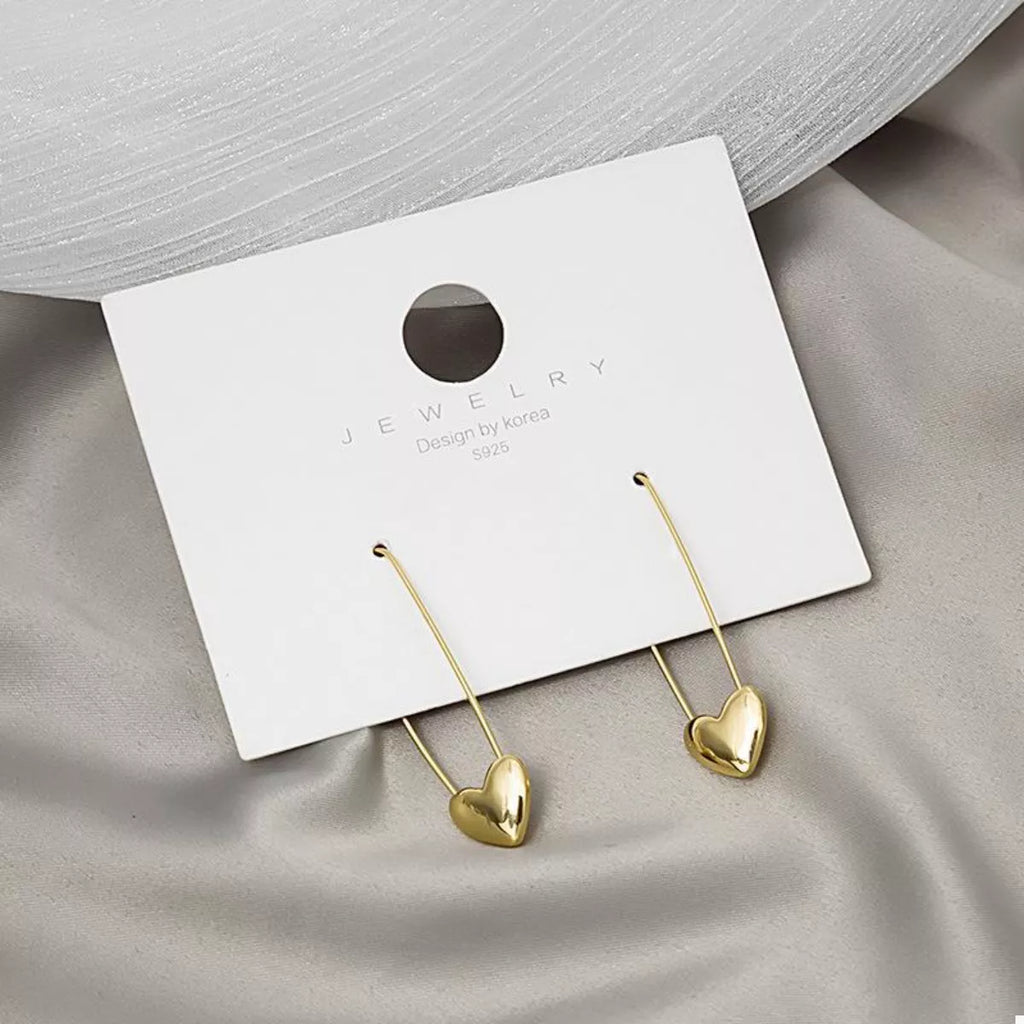 18K Gold-Plated Heart Charm Safety Pin Earrings