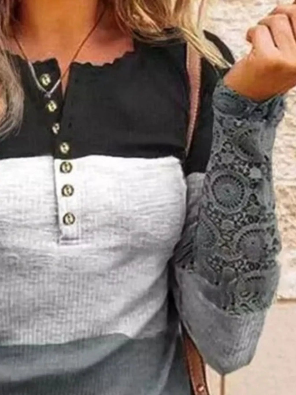 Color Block Lace Detail Half Button T-Shirt