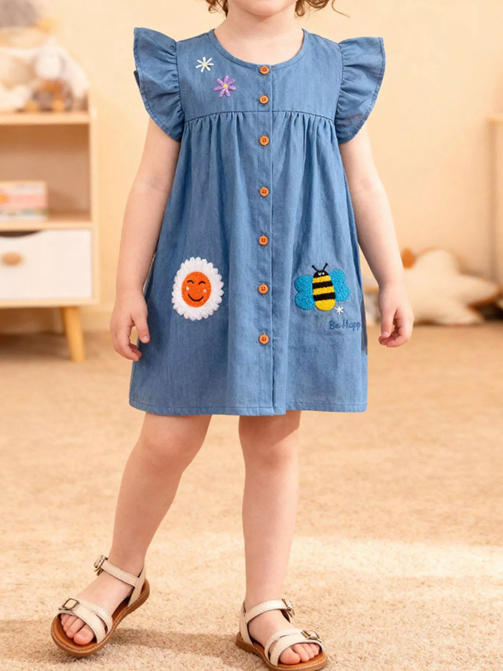 Children's Button Front Ruffle Sleeve· Denim Dress