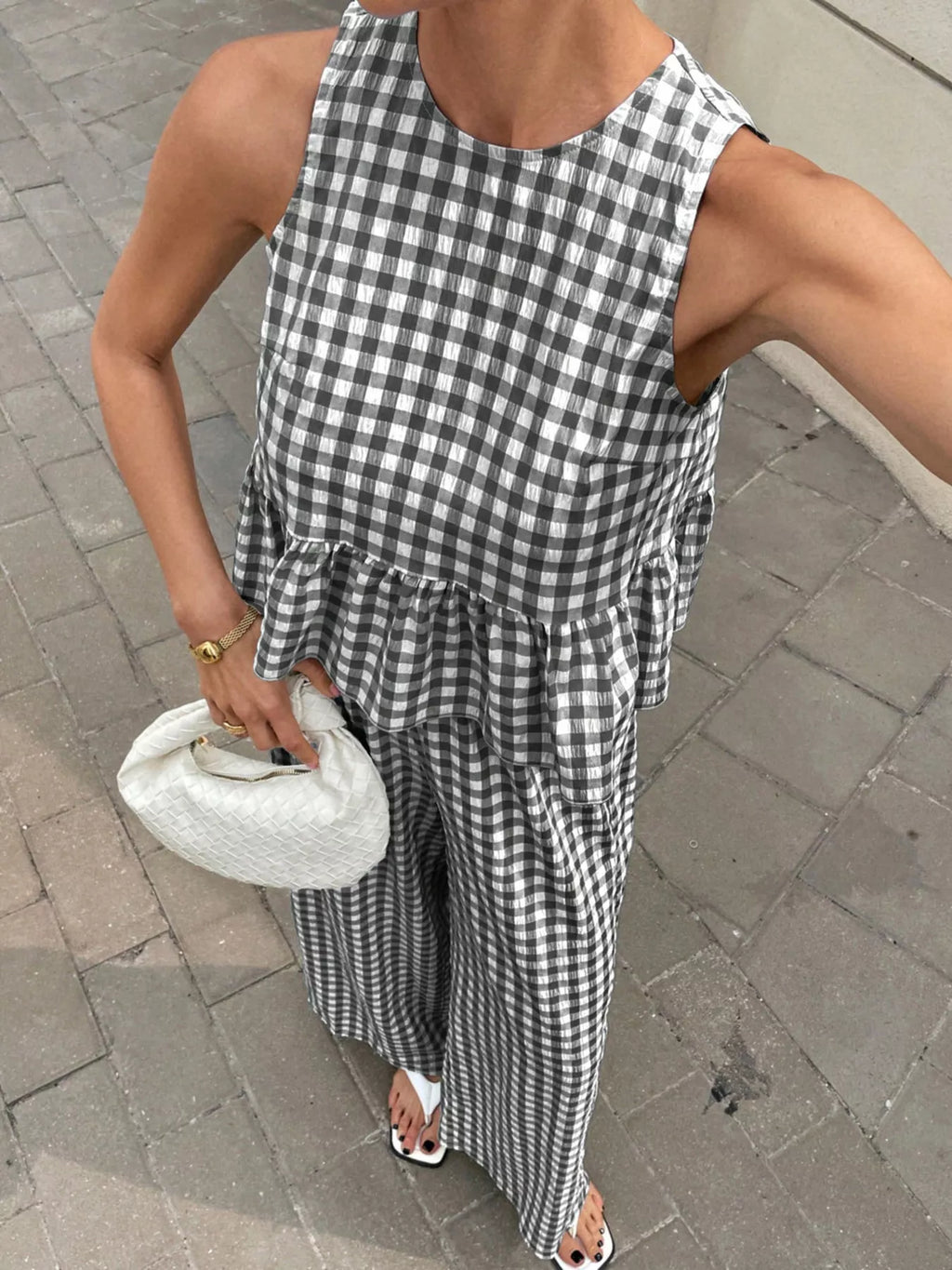 Gingham Sleeveless Top and Wide Leg Pants Set