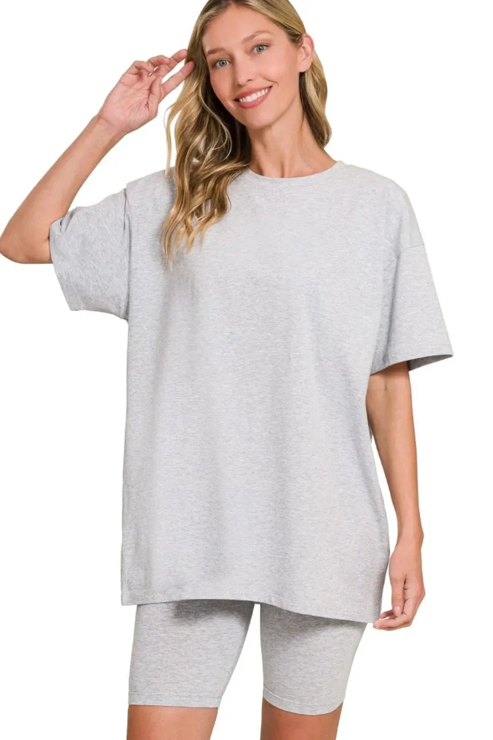 Zenana Cotton Round Neck Top & Biker Shorts