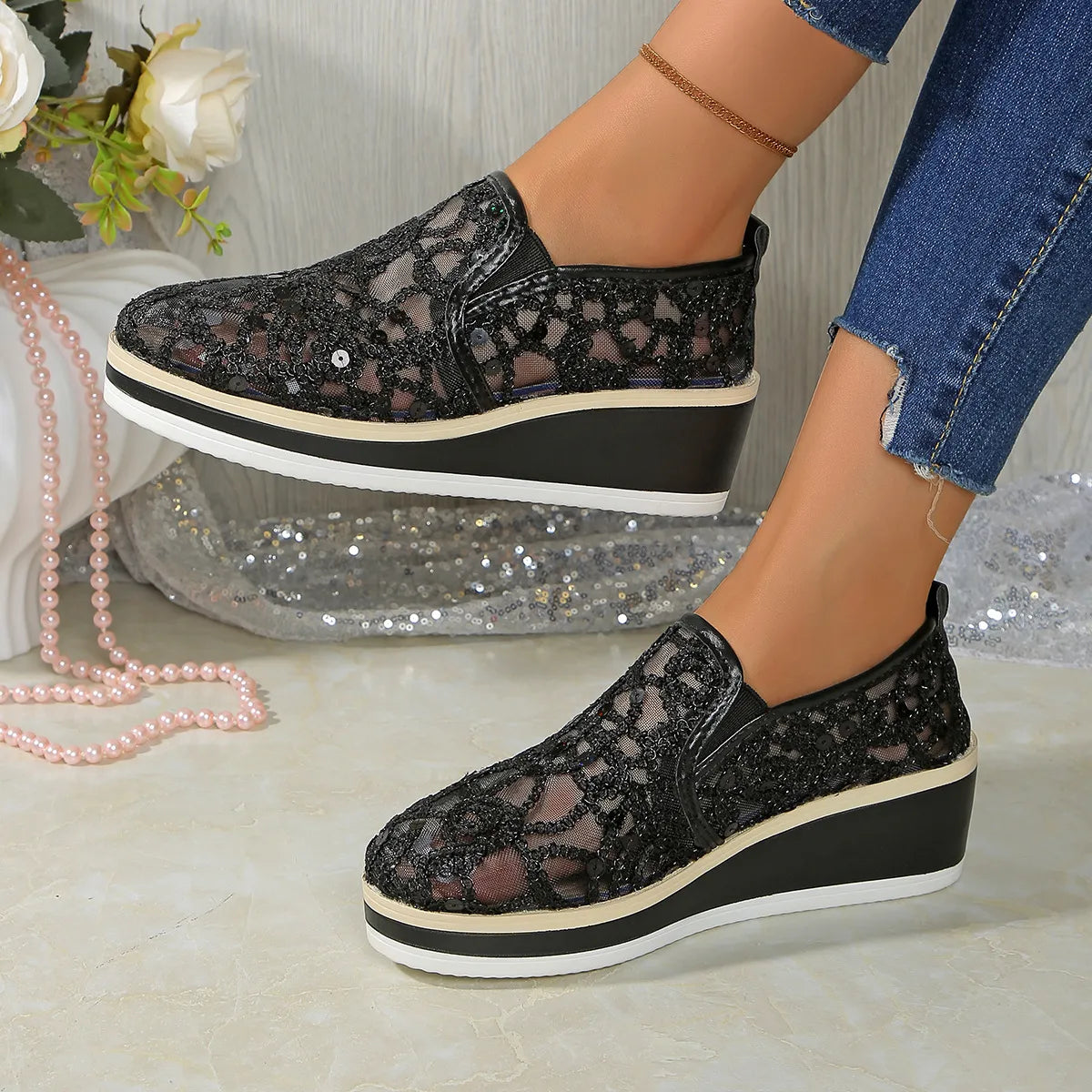 Mesh Platform Wedge Slip-Ons