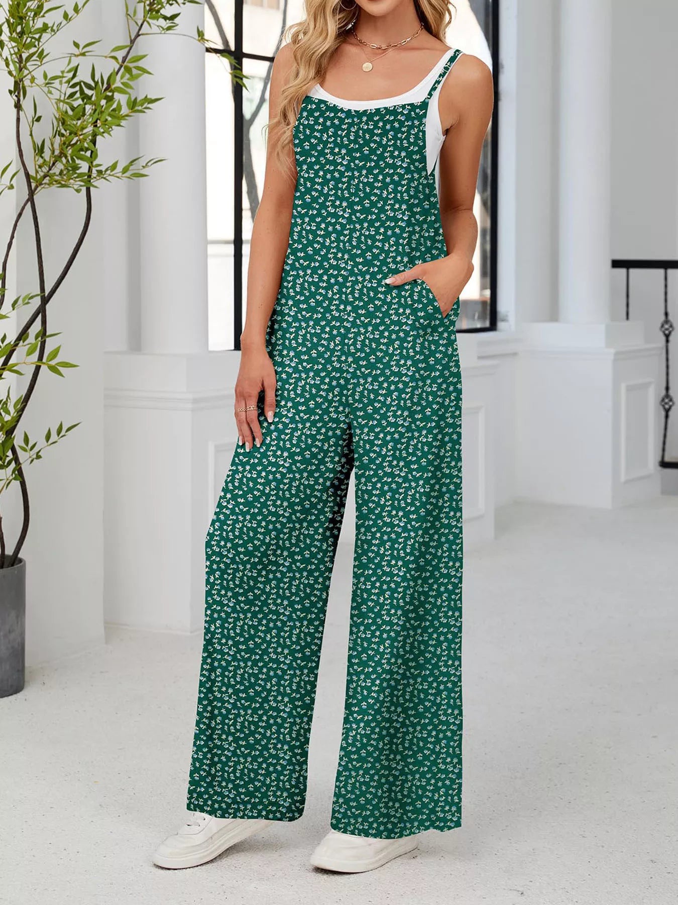 Full Size Floral Print Wide Leg Casual Jumpsuit Plus Size