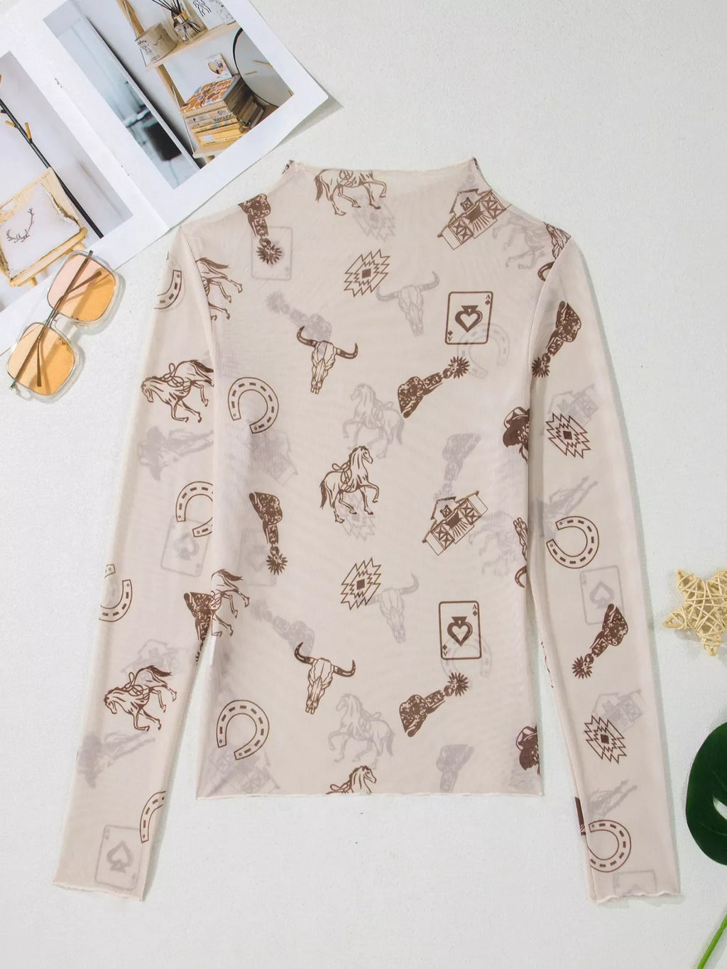 Western Print Slim Fit Mesh Long Sleeve Mock Neck Top