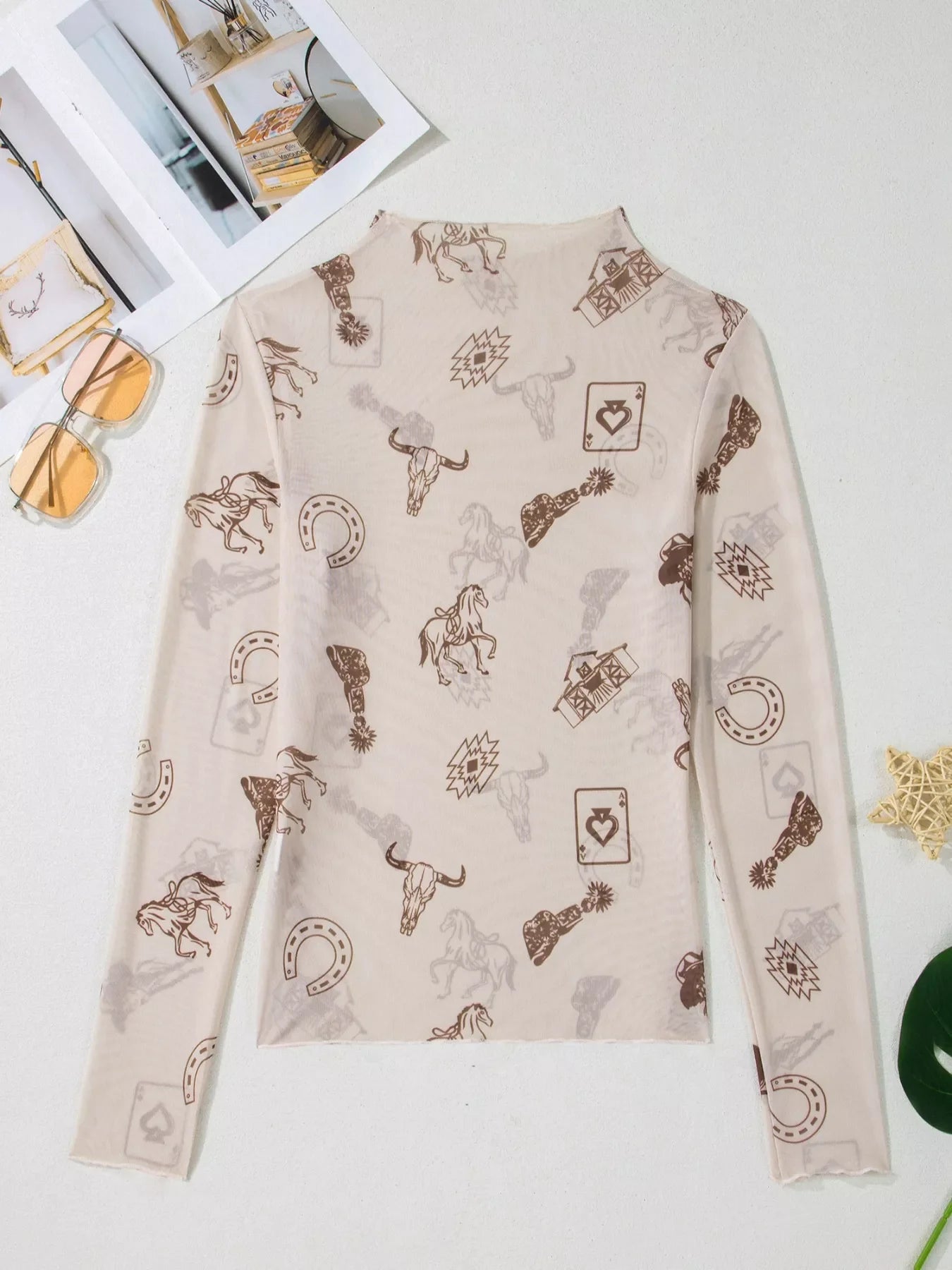 Western Print Slim Fit Mesh Long Sleeve Mock Neck Top