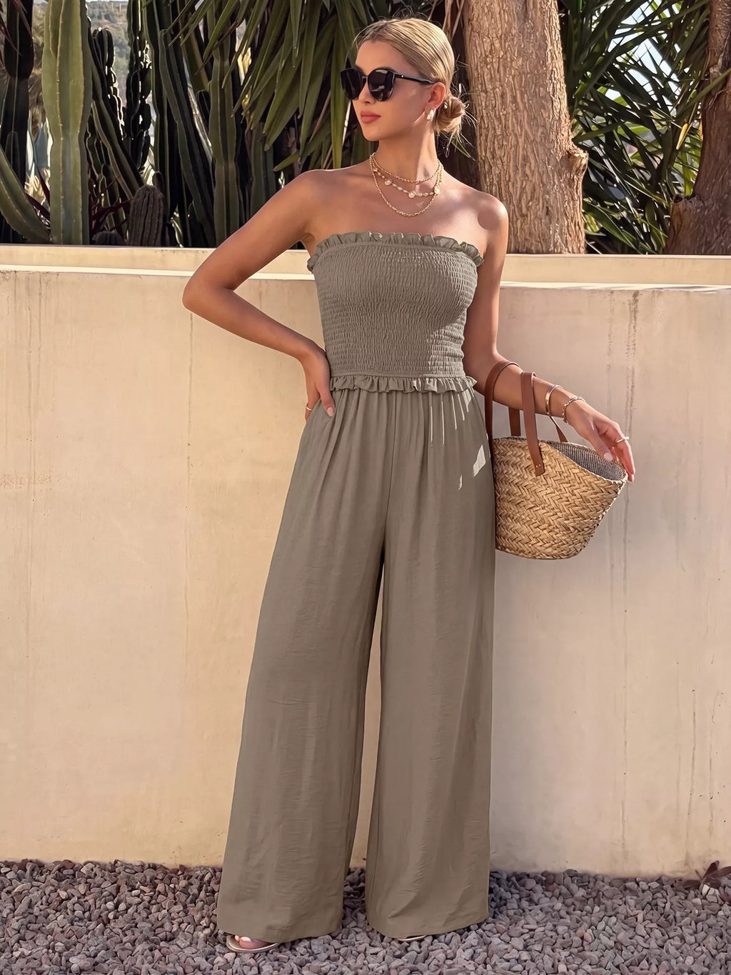 Smocked Strapless Wide Leg Jumpsuit