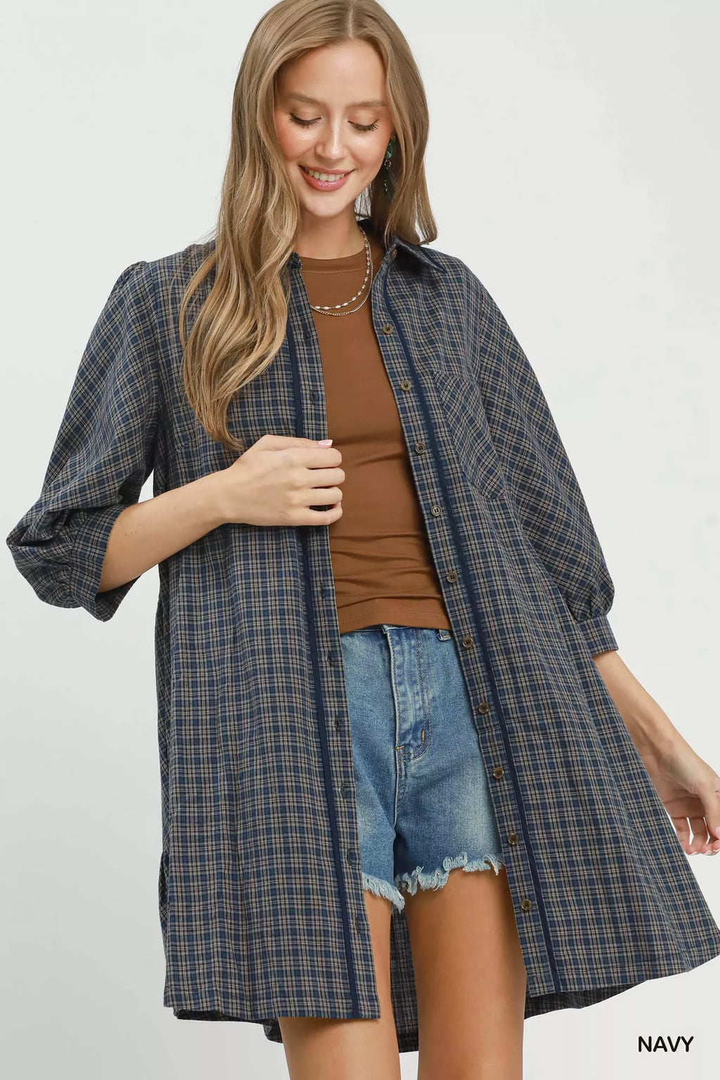 Umgee Plaid Button Down Oversized Shirt Dress