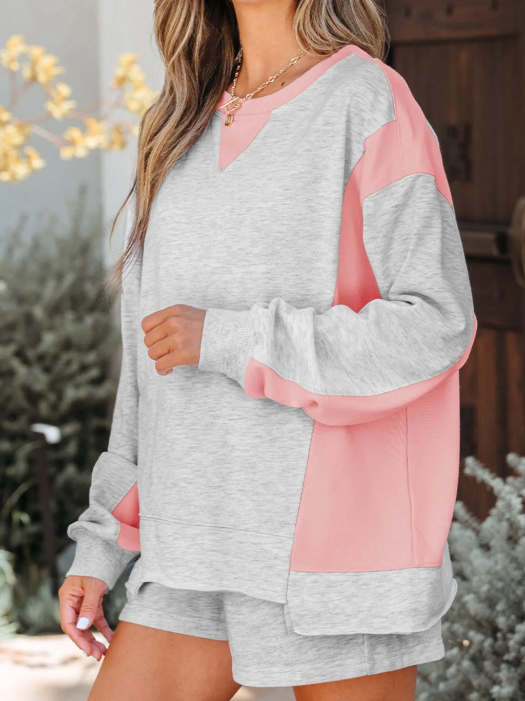 Color Block Long Sleeve Sweatshirt and Shorts Set