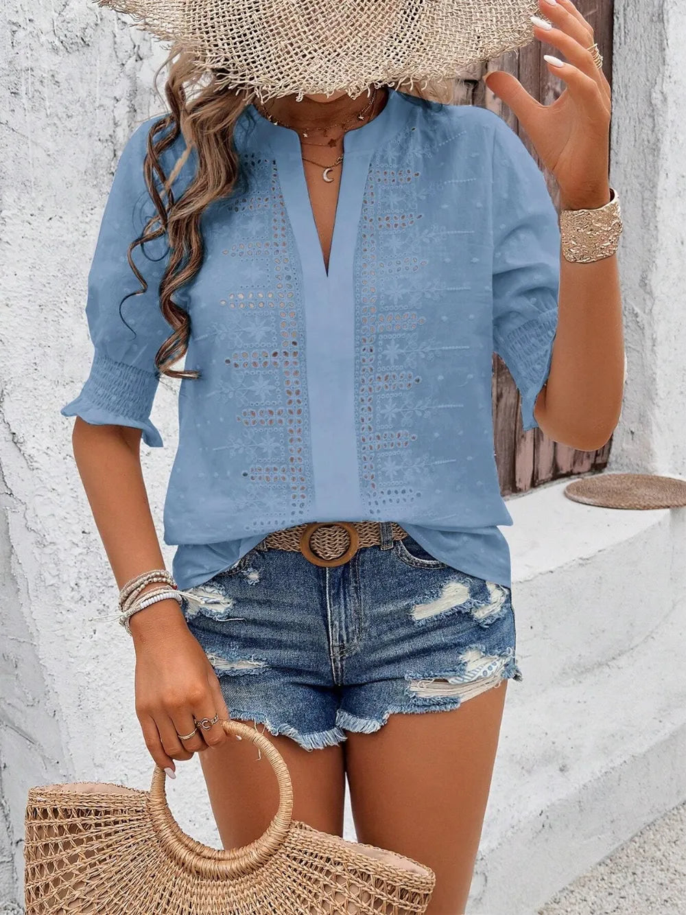 Eyelet Notched Flounce Sleeve Blouse
