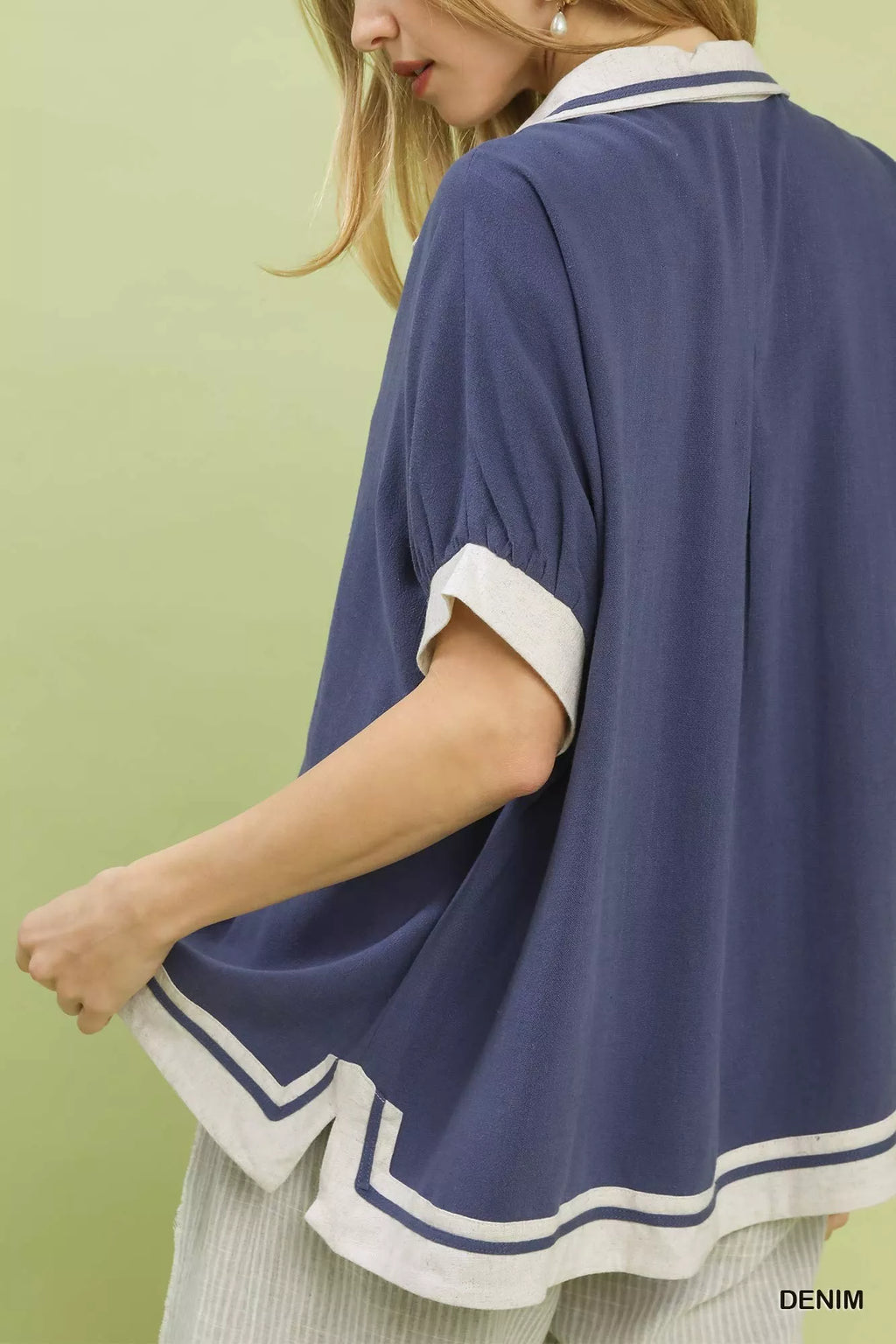 Umgee Linen Button Front Top with Contrast Piping