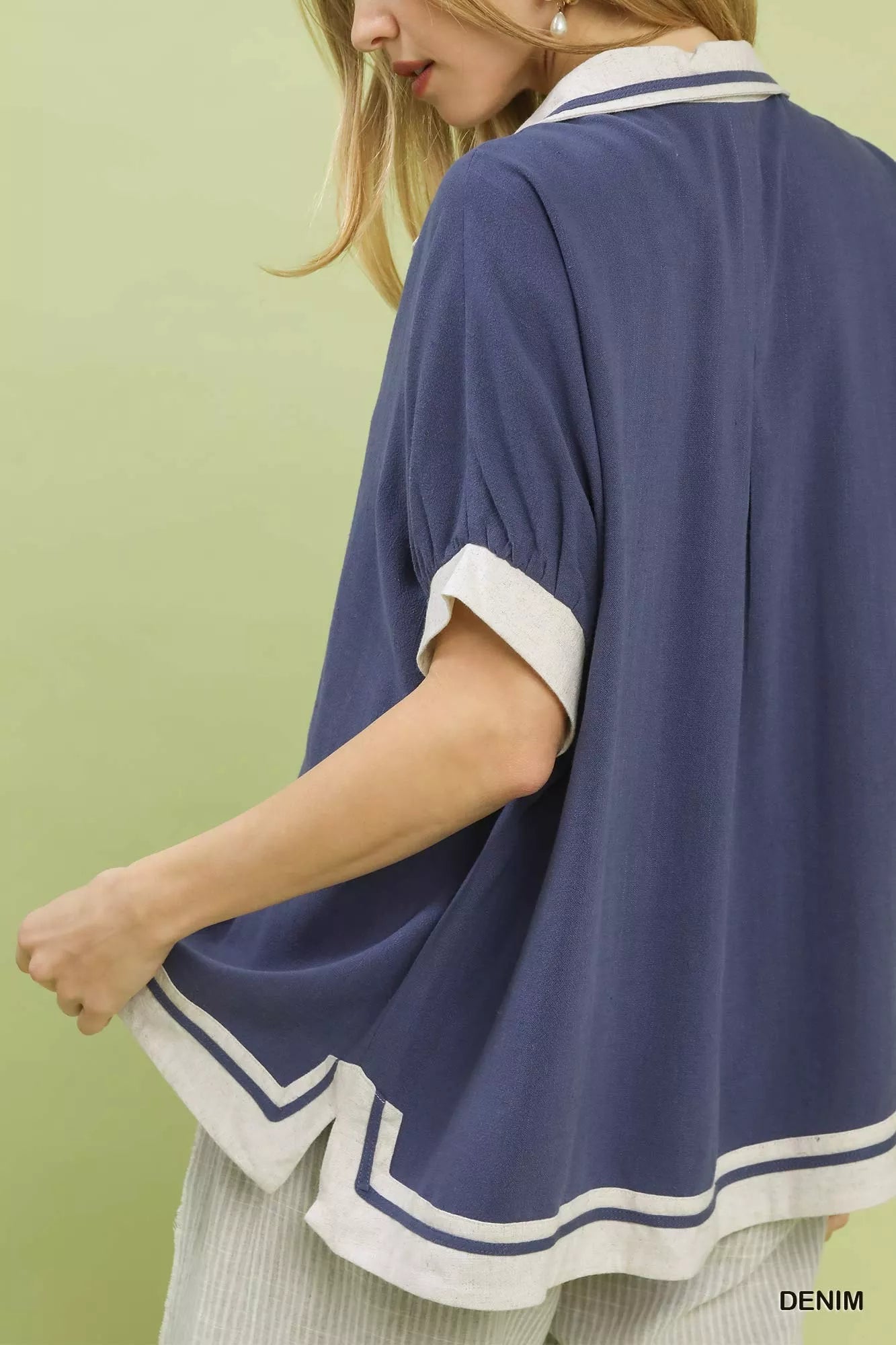 Umgee Linen Button Front Top with Contrast Piping