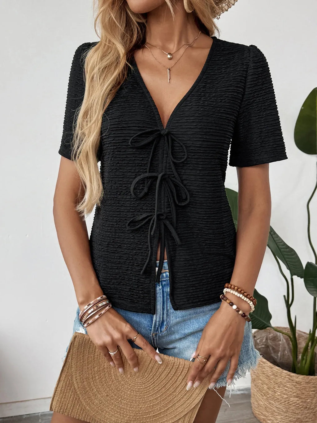 Tie Front V-Neck Blouse