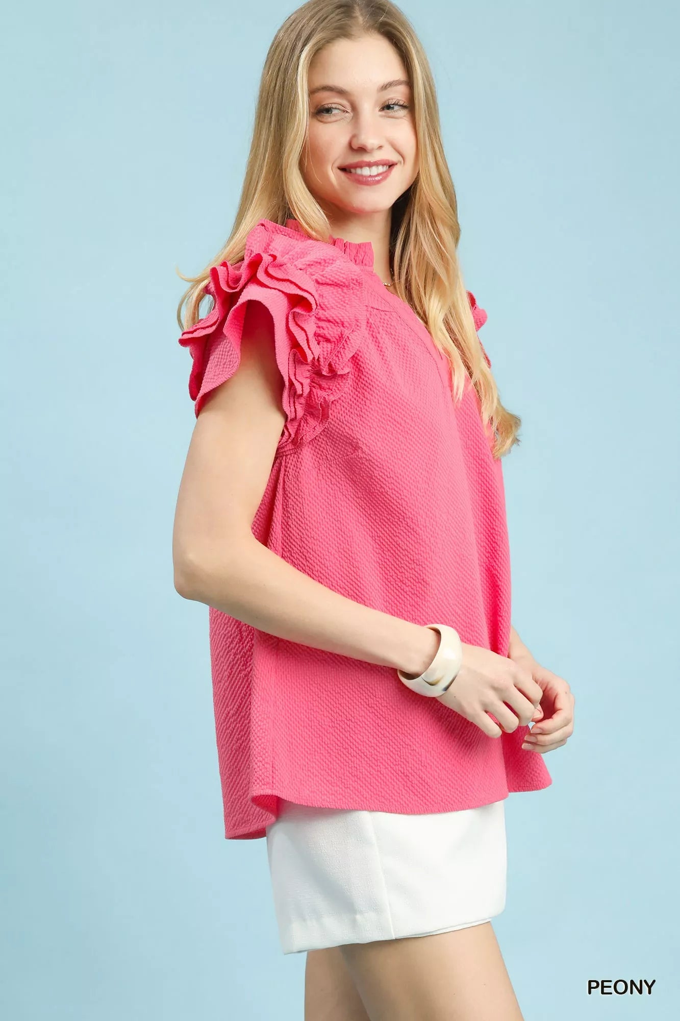 Umgee Textured Ruffle Sleeve Notched Top