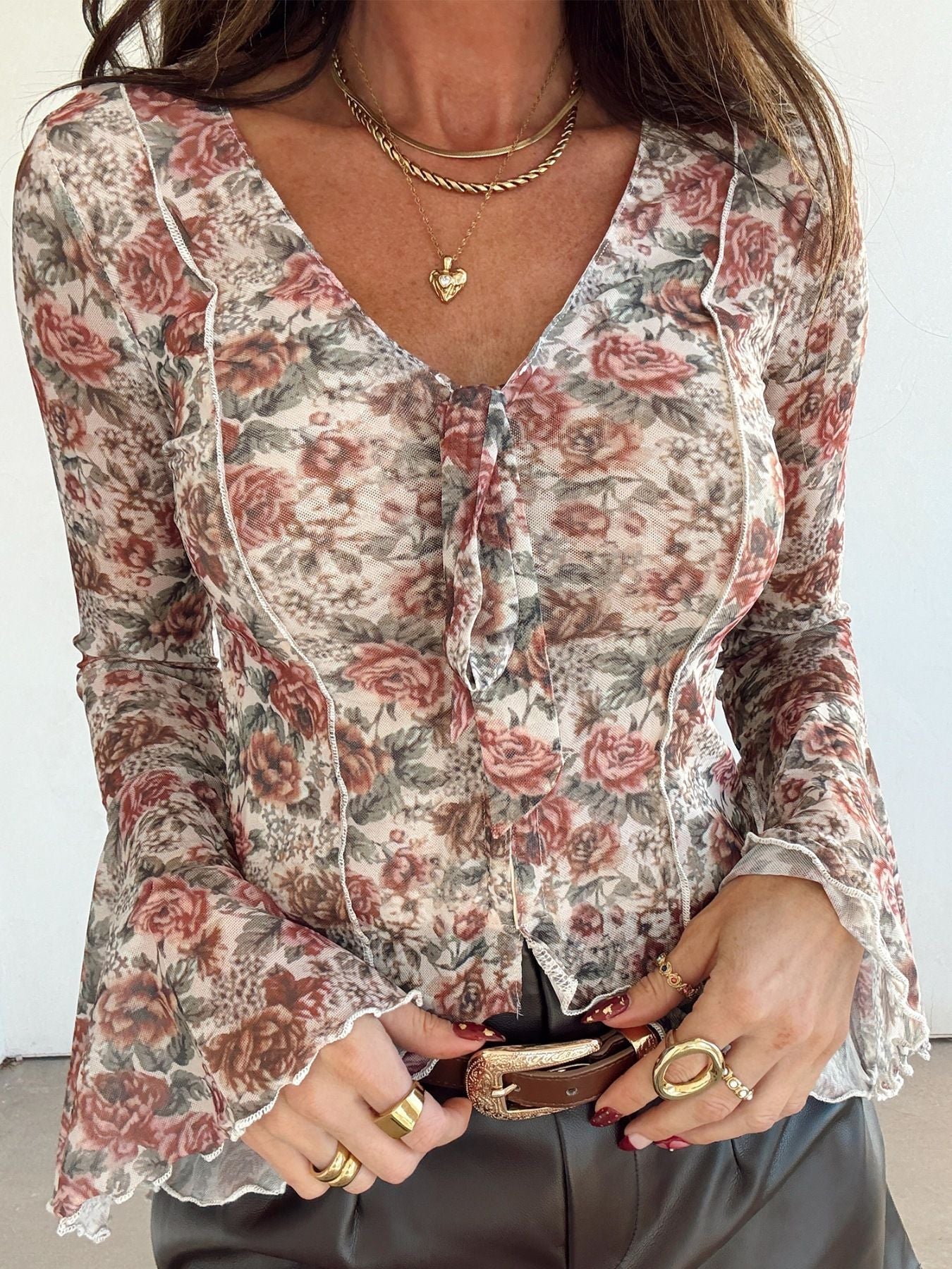 Floral Print Flounce Sleeve Blouse