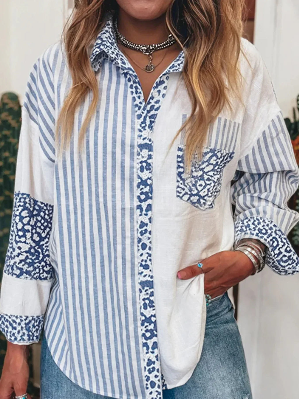 Striped Patchwork Button Down Shirt with Leopard Print Details