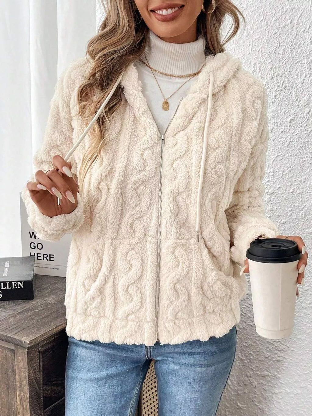 Drawstring Zip-Up Fleece Hooded Outerwear