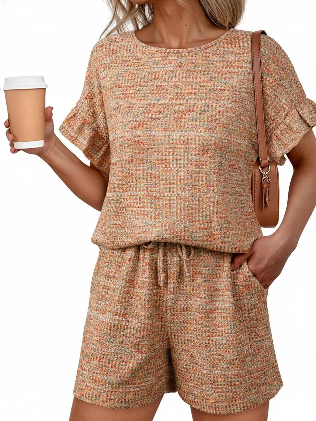 Ruffle Sleeve Textured Top and Shorts Set