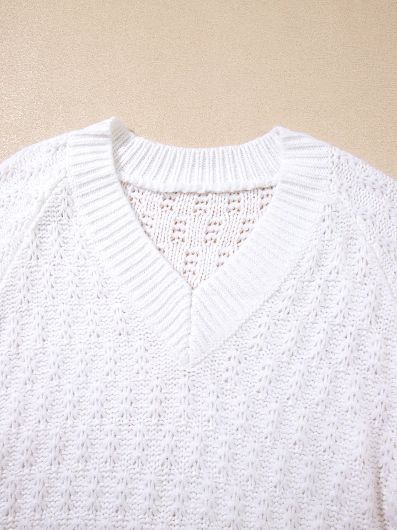 Textured Knit Ribbed Edge V Neck Loose Sweater