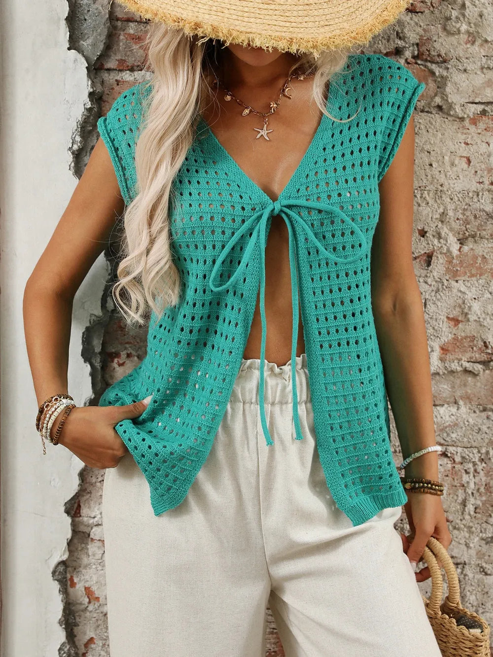 Tied Front Openwork V-Neck Knit Top