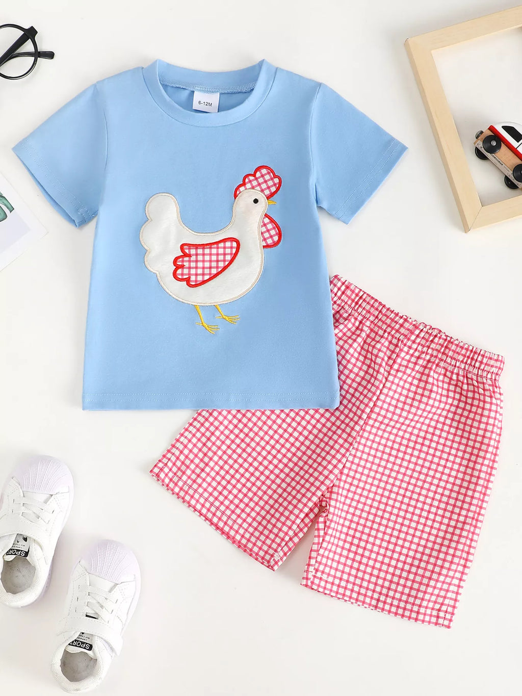 Children's Chicken T-shirt and Gingham Shorts Set