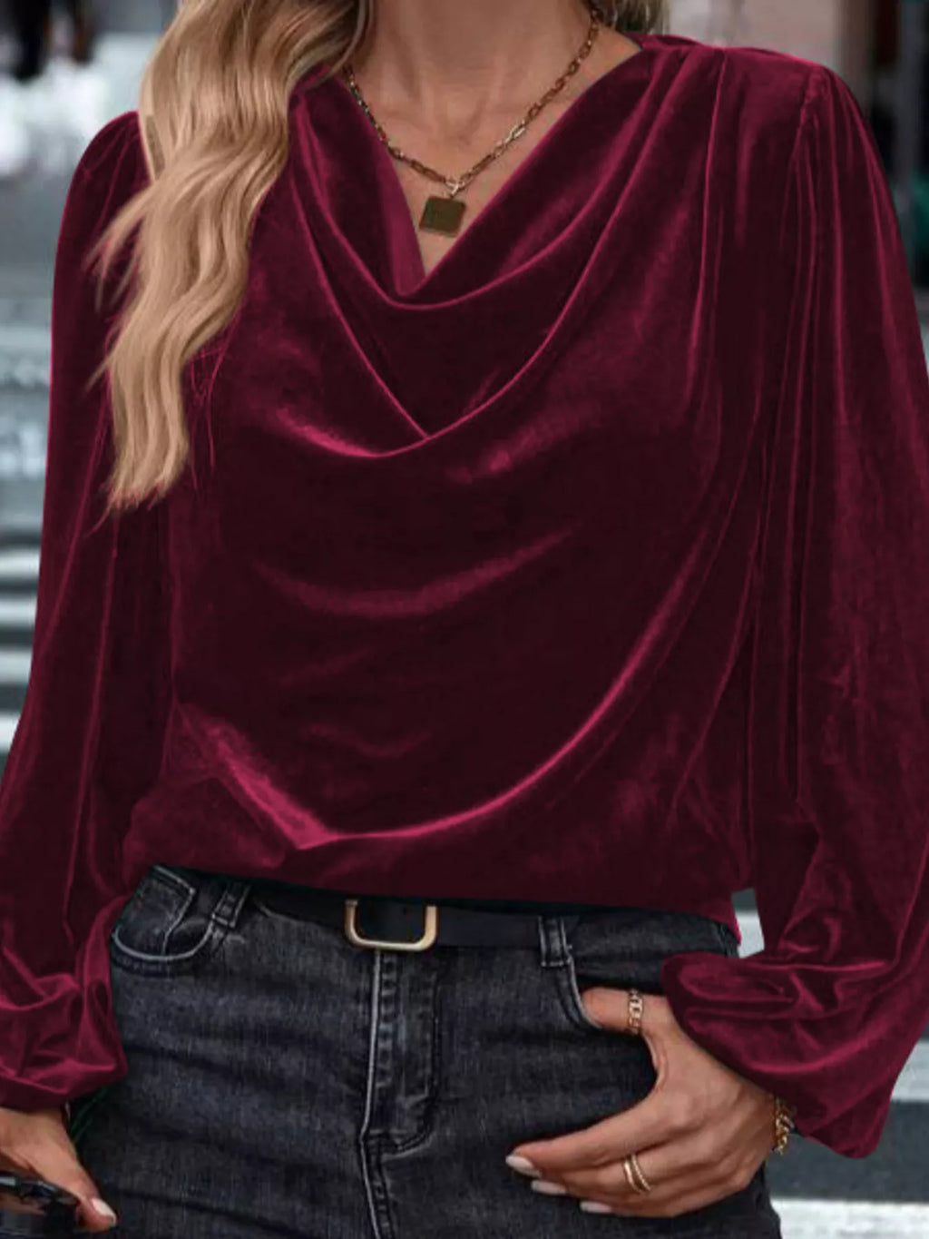 Velvet Cowl Neck Long Sleeve Blouse