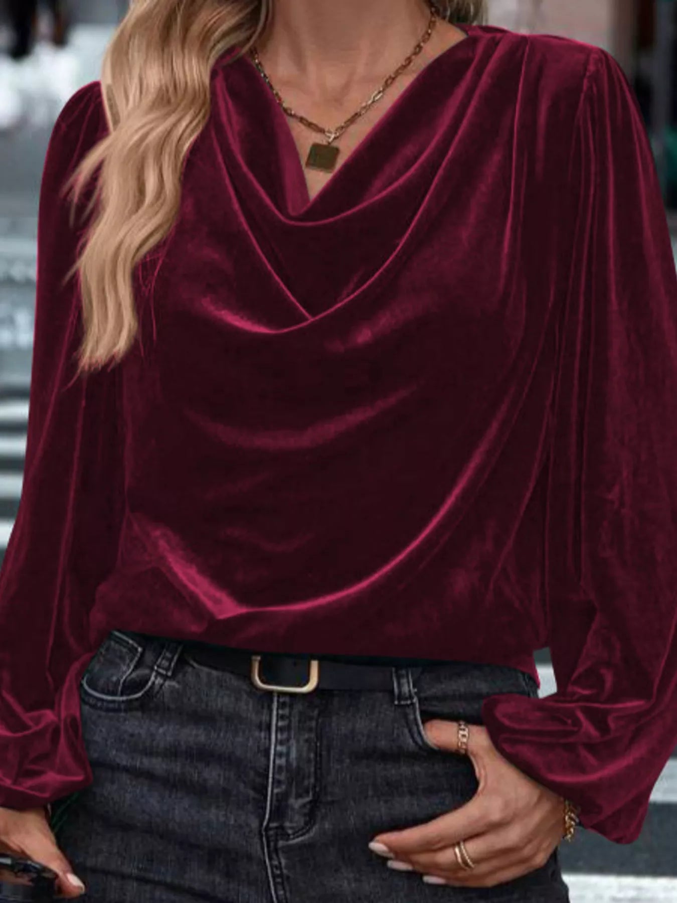 Velvet Cowl Neck Long Sleeve Blouse