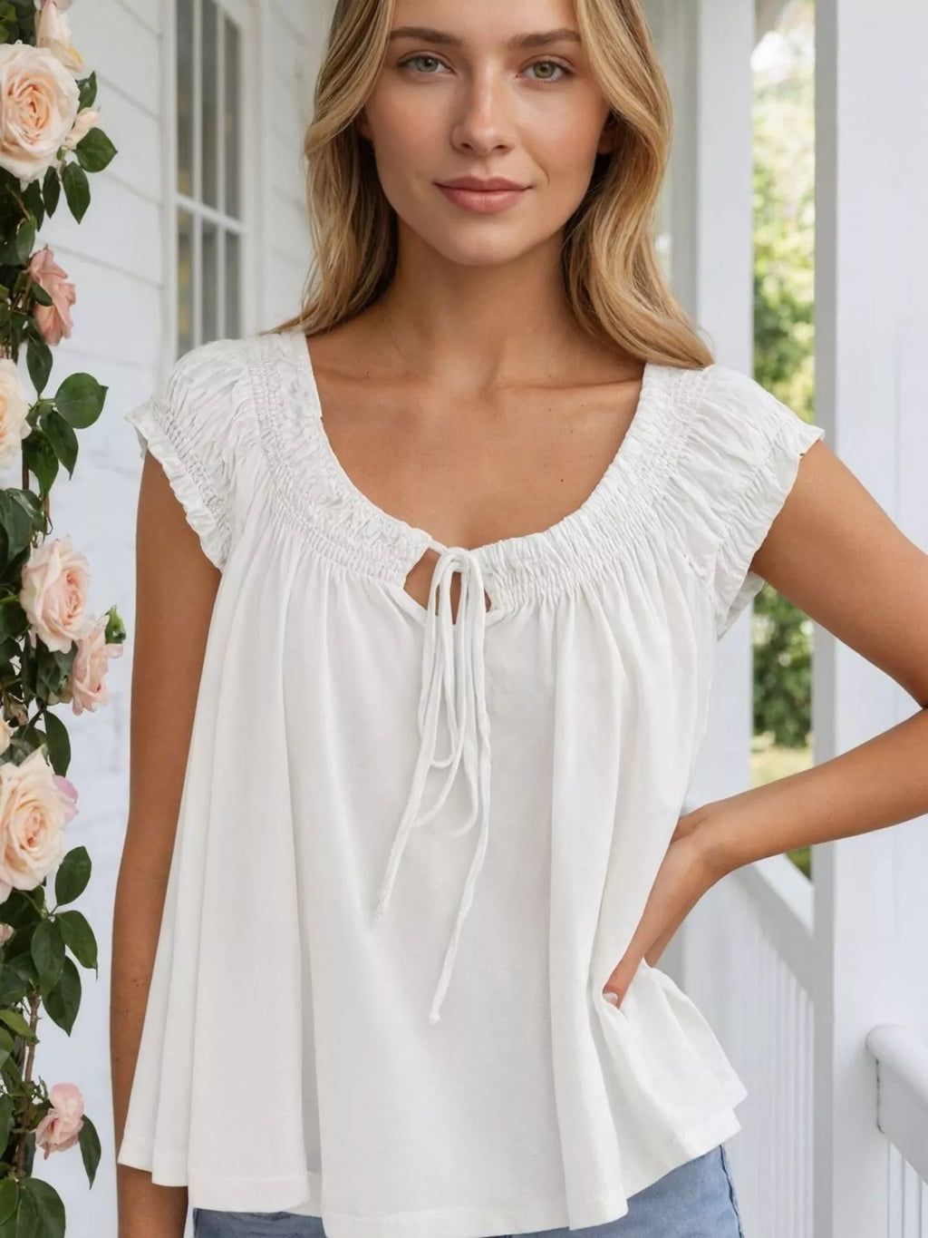 Tie Front Solid Color Blouse
