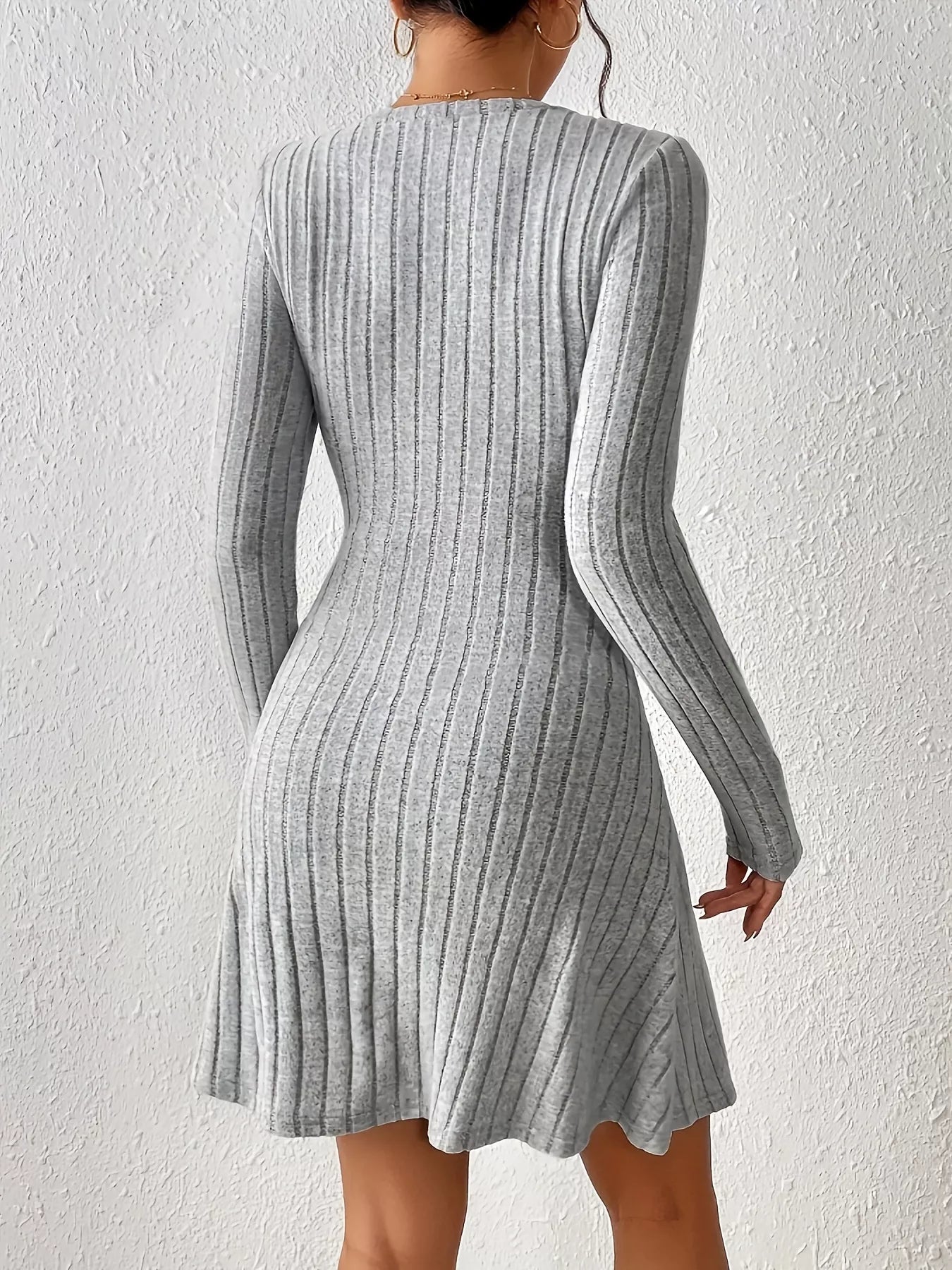 Ribbed Knit Tie Waist Long Sleeve Casual Dress