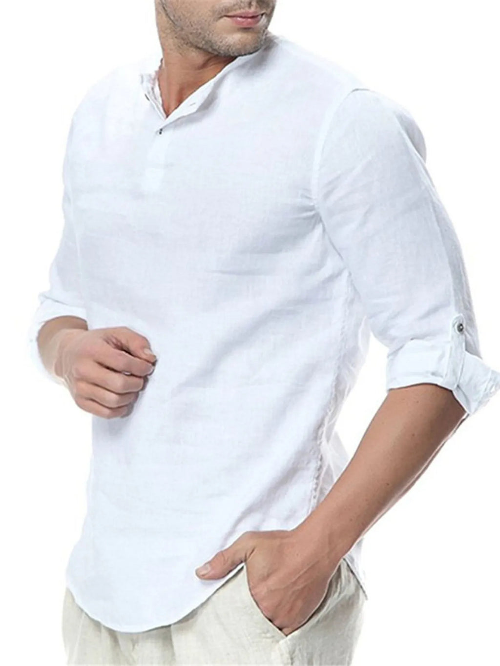Men's Plus Size Solid Color Roll-Up Sleeves Blouse