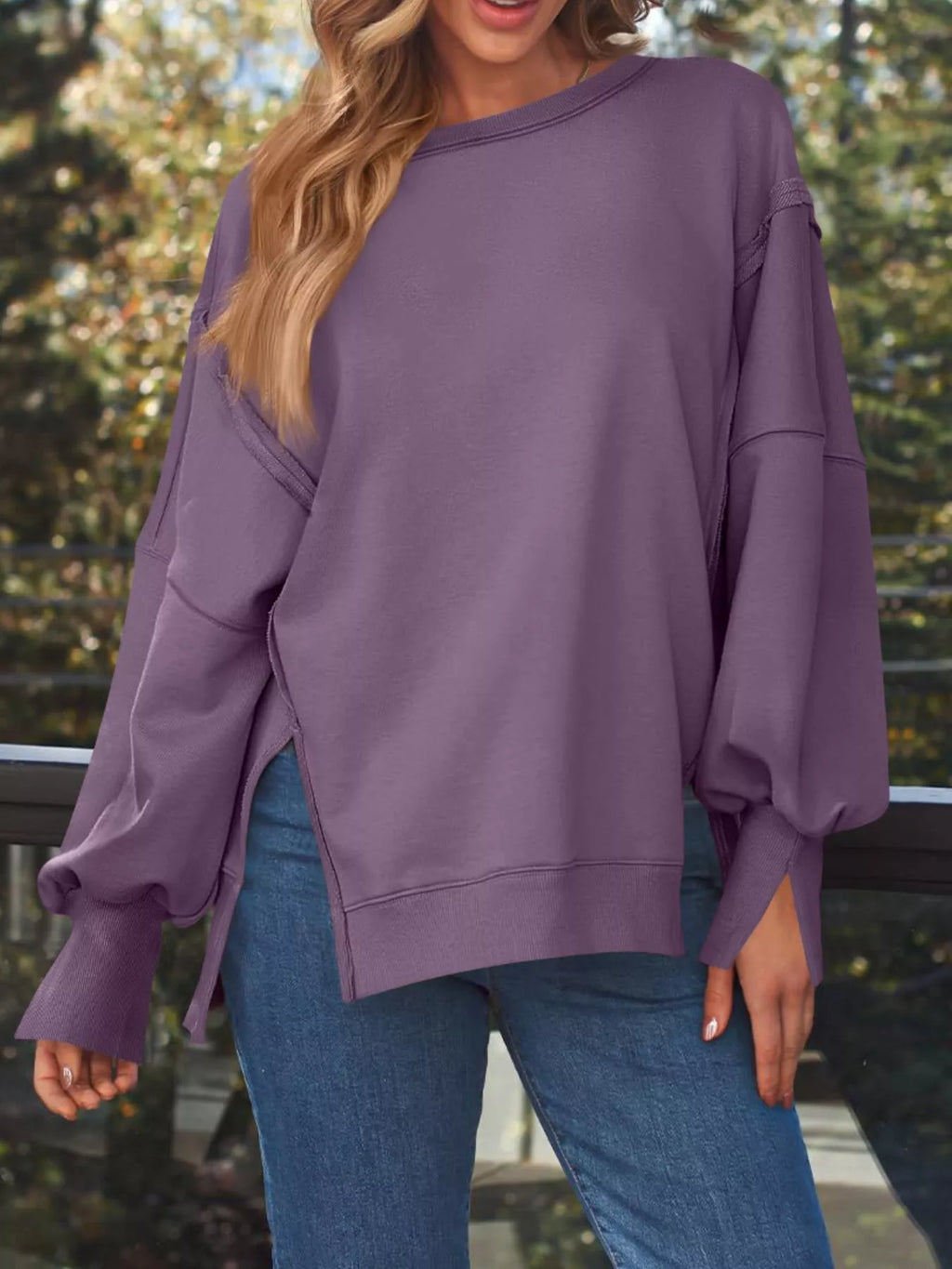 Side Slit Long Sleeve Oversized Sweatshirt