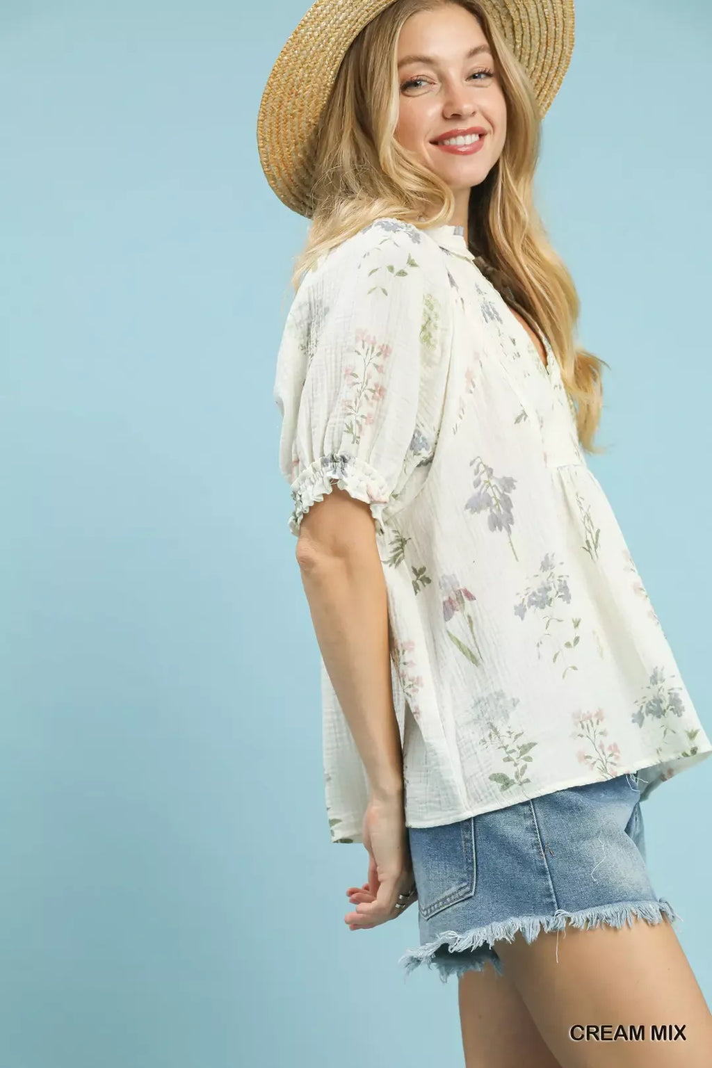 Umgee Floral Print Cotton Gauze Top