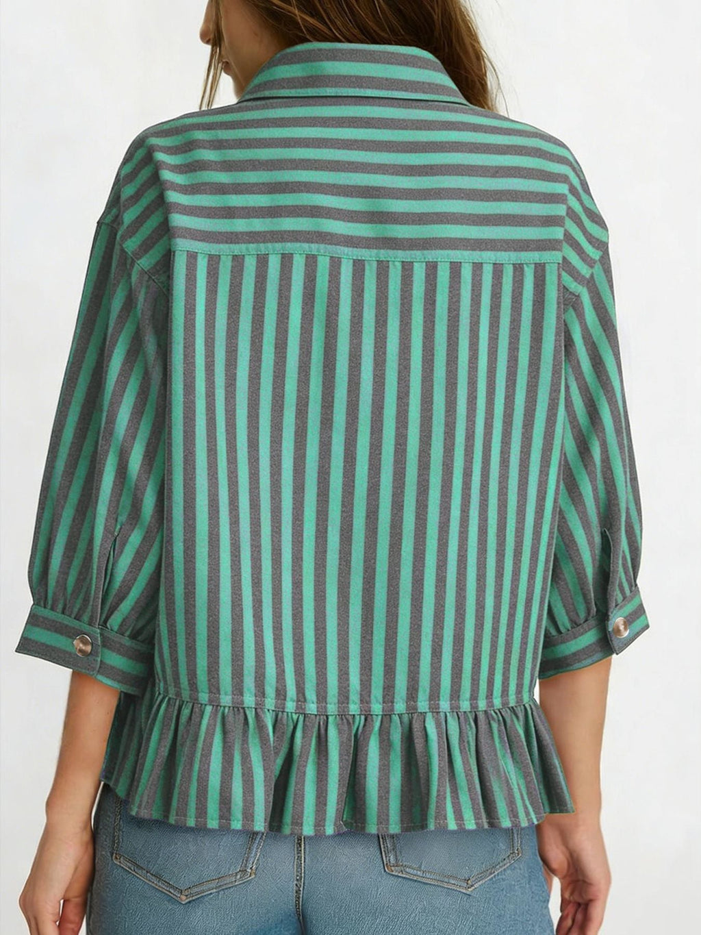 Striped Ruffle Hem Button-Down Shirt