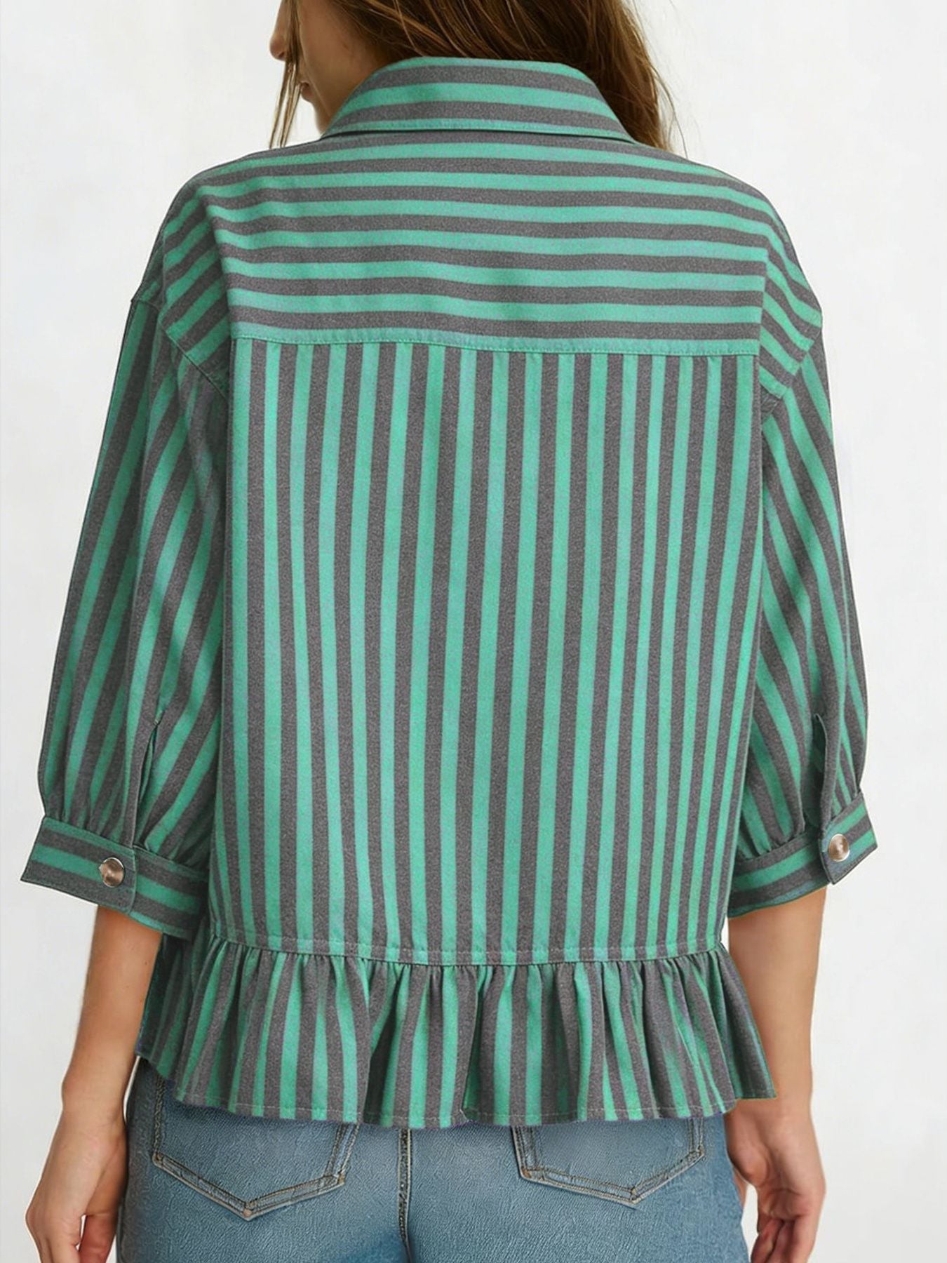Striped Ruffle Hem Button-Down Shirt