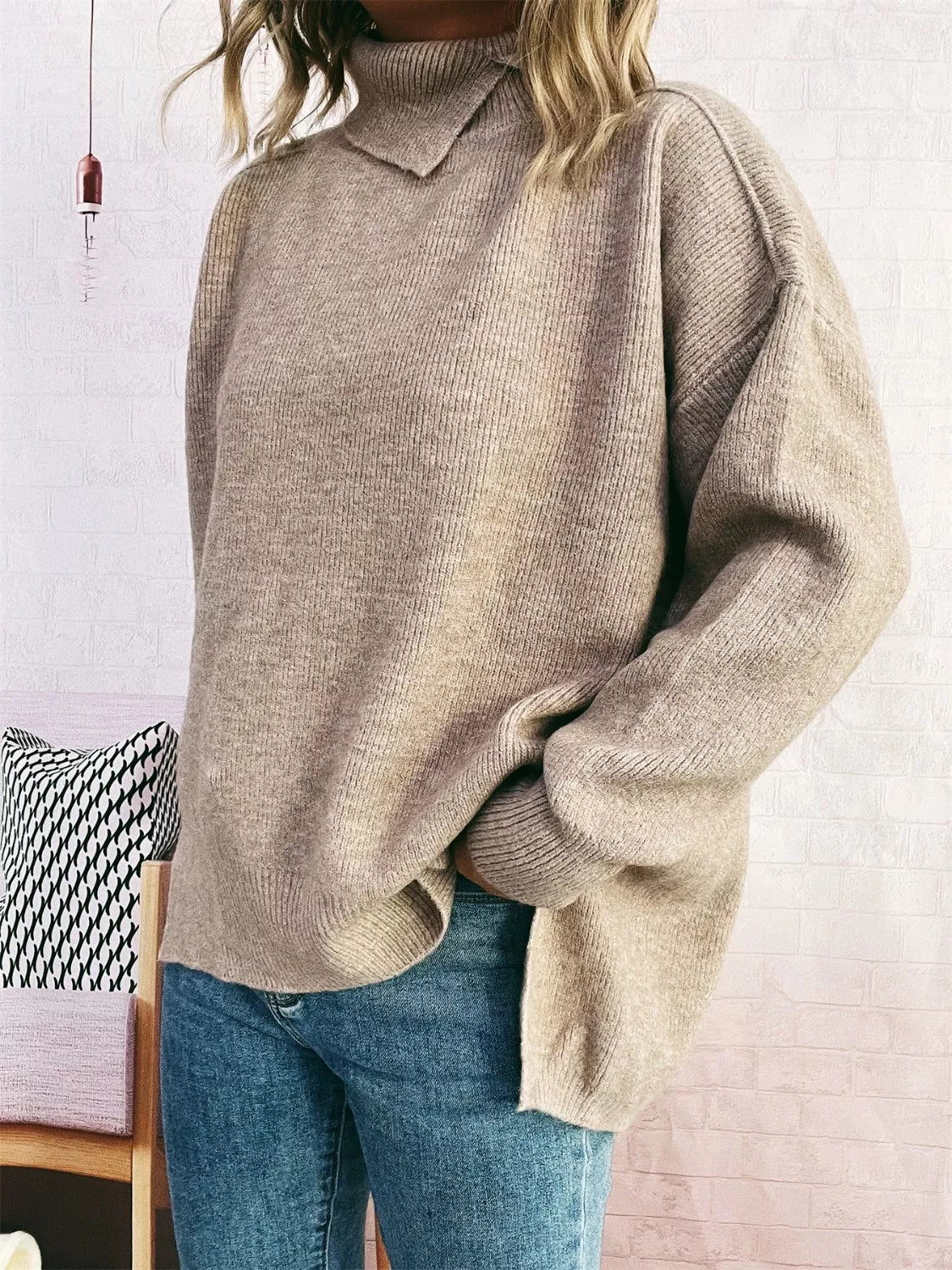 Slit Turtleneck Long Sleeve Sweater