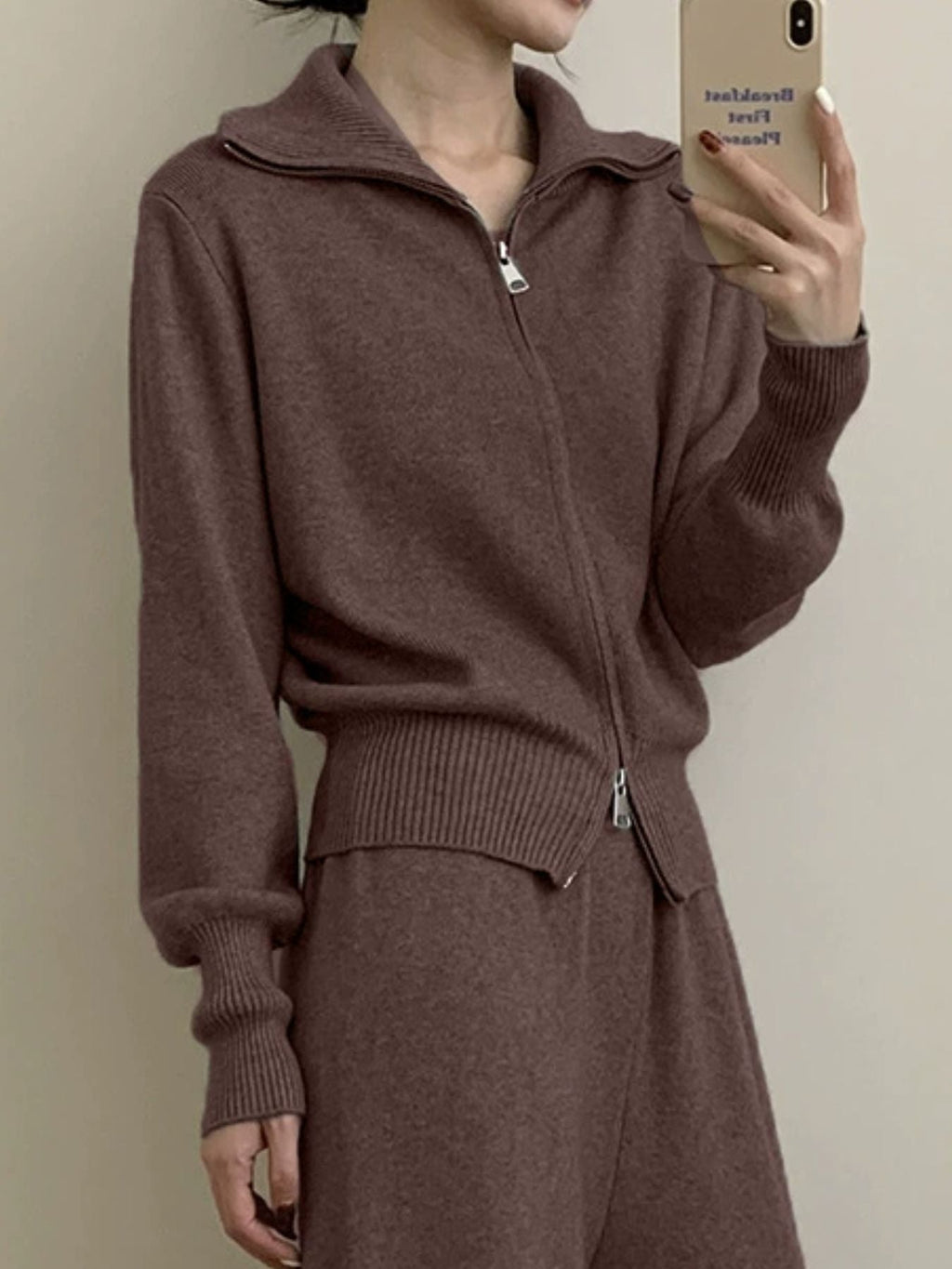 Zip Up Outerwear and Wide Leg Pants Set