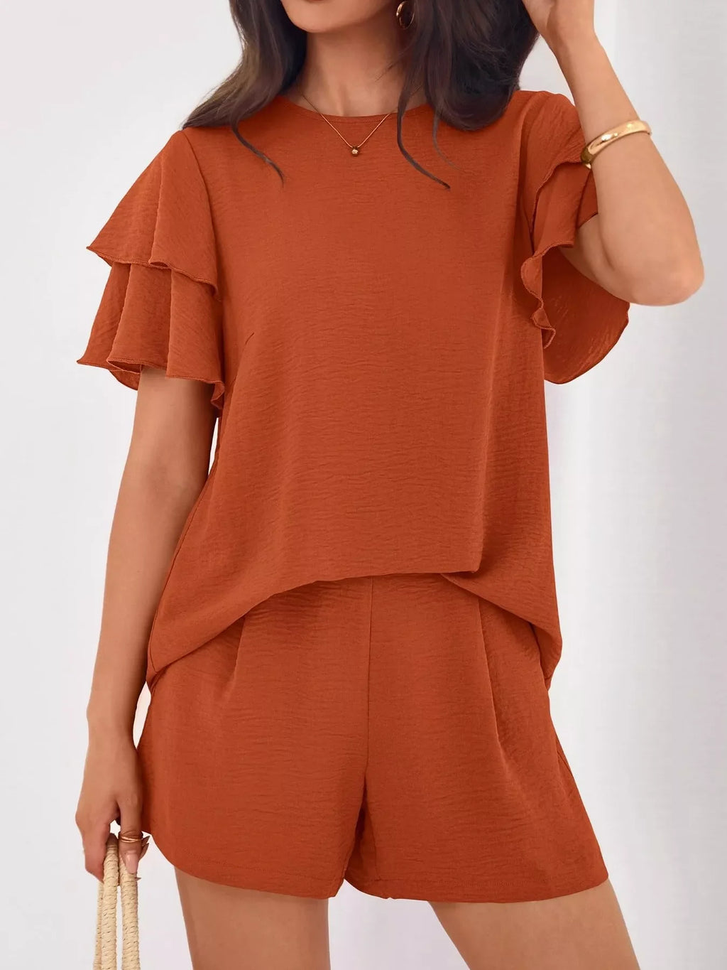 Ruffle Sleeve Top and Shorts Two-Piece Set