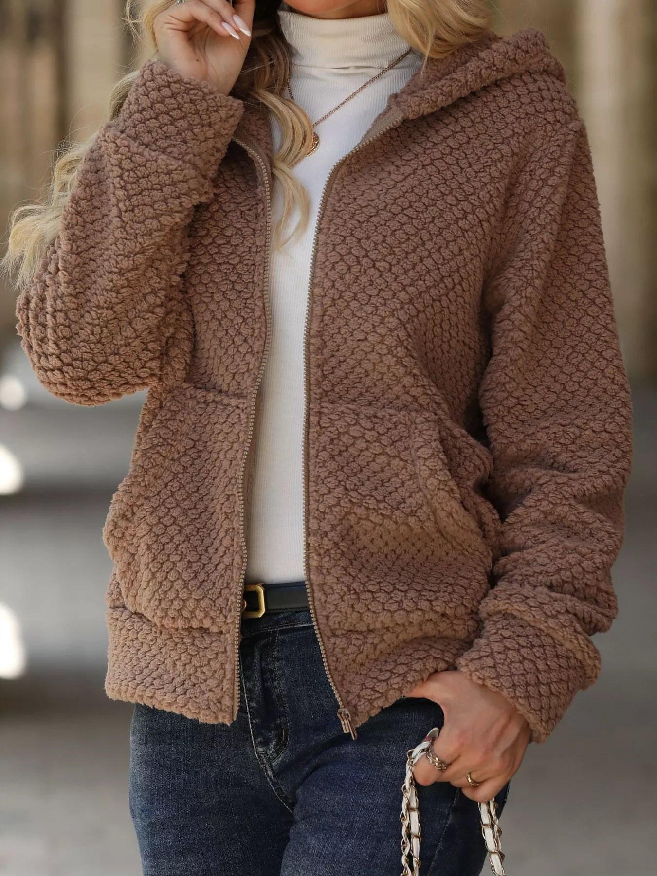 Textured Knit Zip-Up Hooded Outerwear