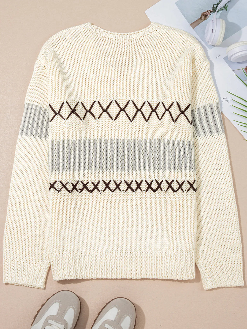 Contrast Stitch Detail V Neck Drop Shoulder Sweater