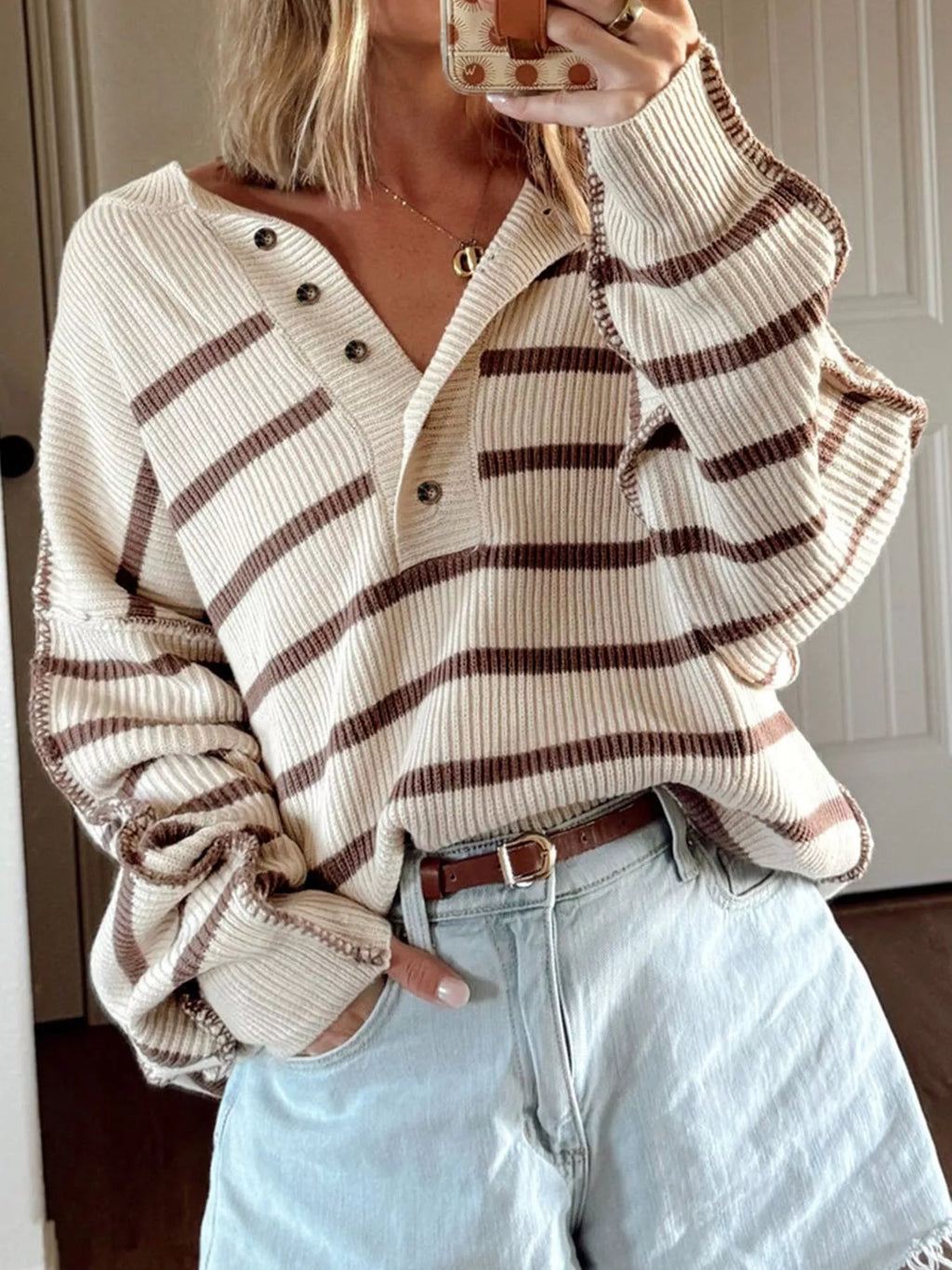 Stripe Ribbed Henley Drop Shoulder Slouchy Sweater
