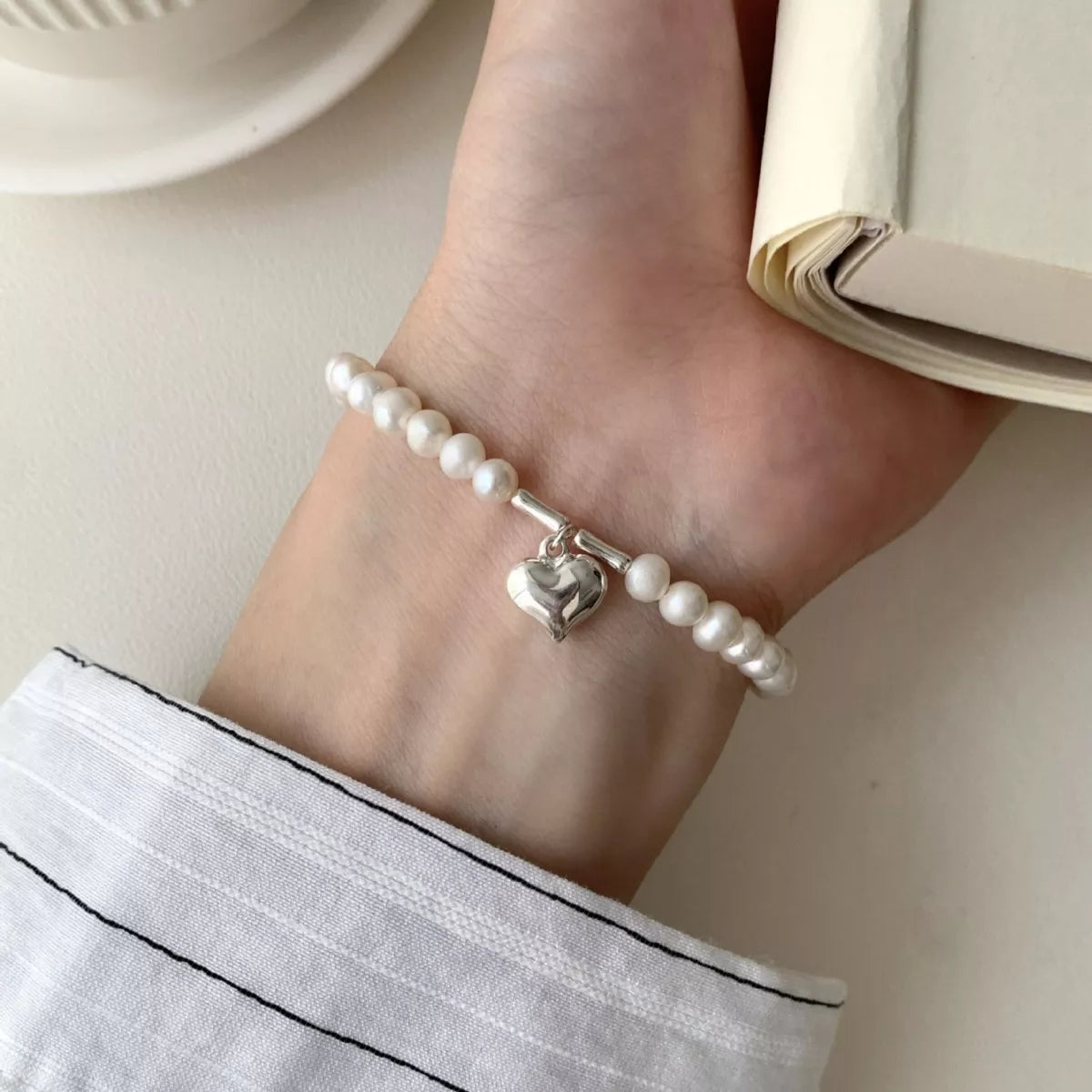 Pearl Heart Charm Bracelet