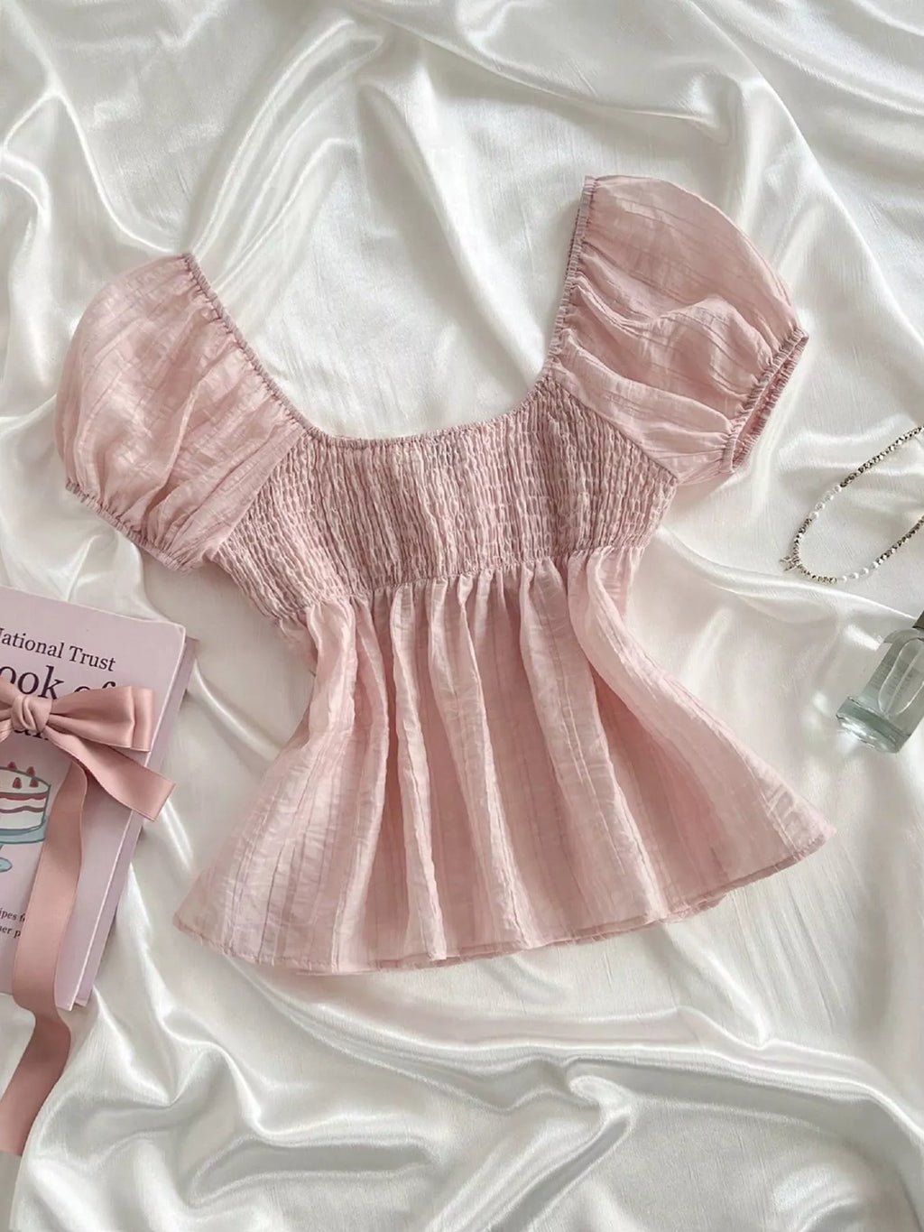 Sweetheart Neck Puff Sleeve Smocked Blouse