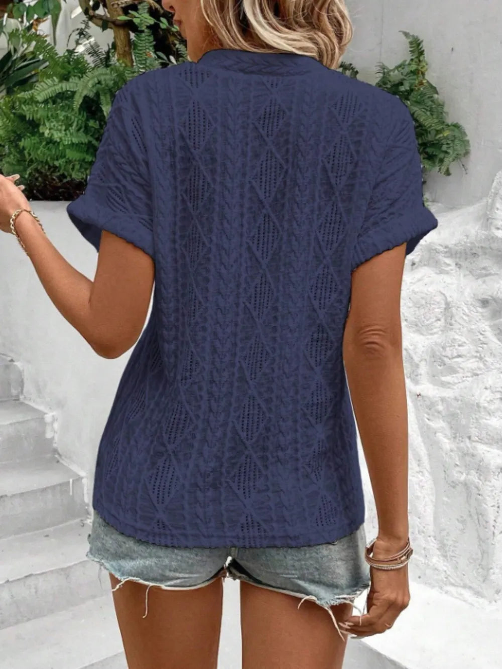 Openwork Notched Short Sleeve Blouse
