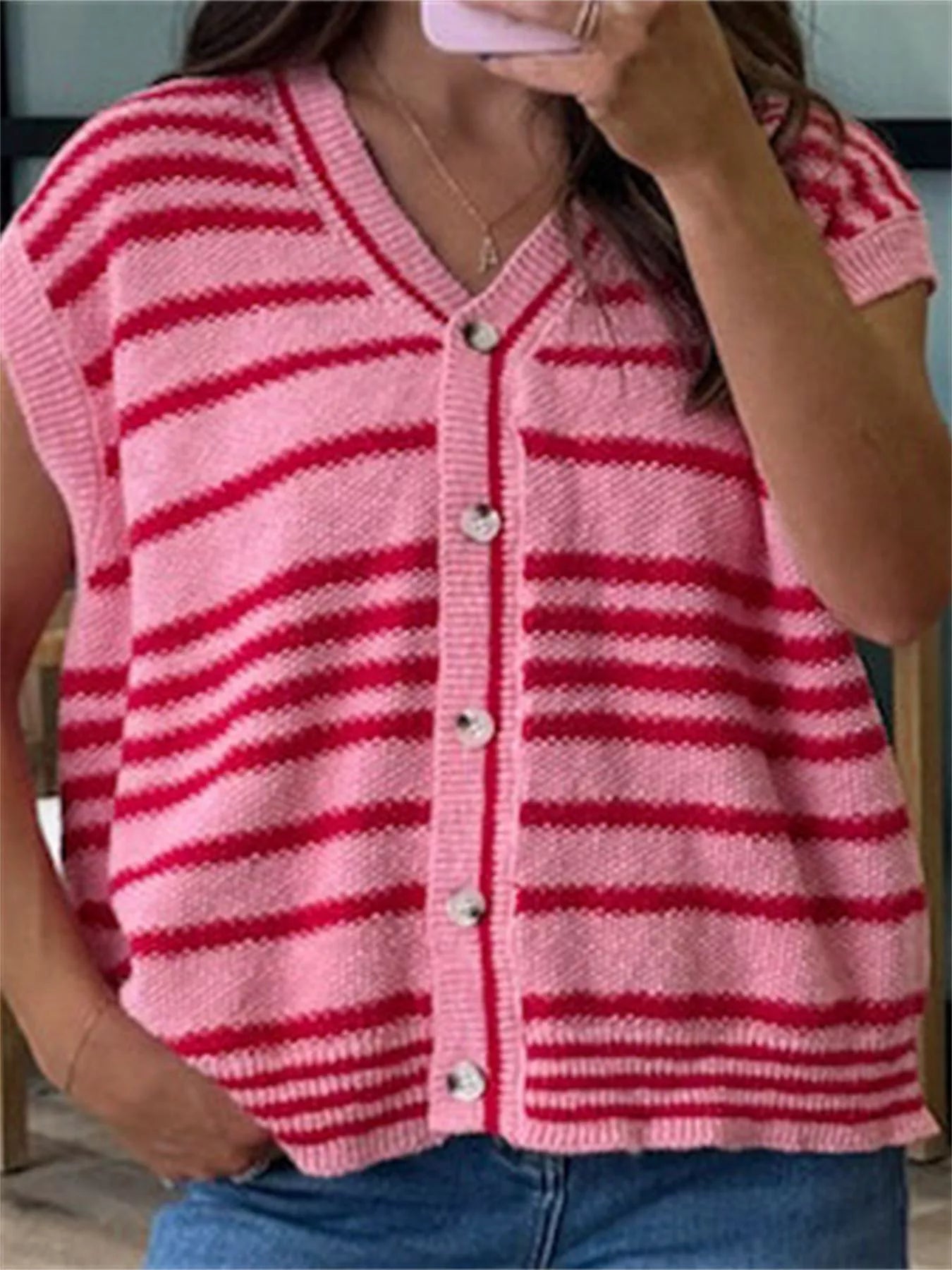 Striped Knit Button Up Cap Sleeve Cardigan