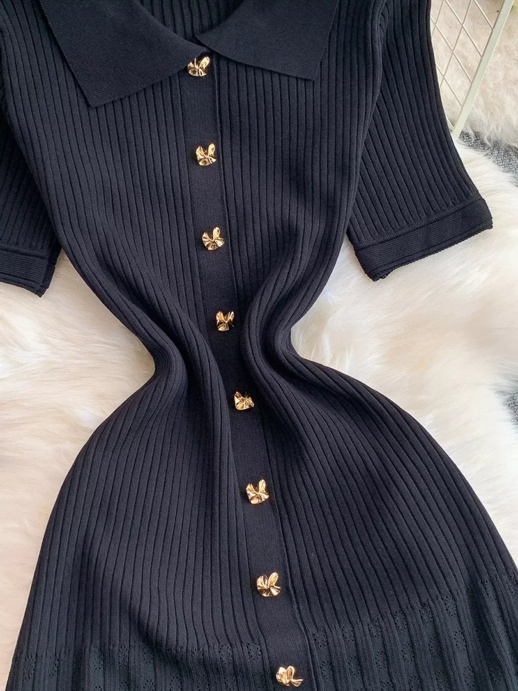 Button Front Ribbed Knit Midi Dress