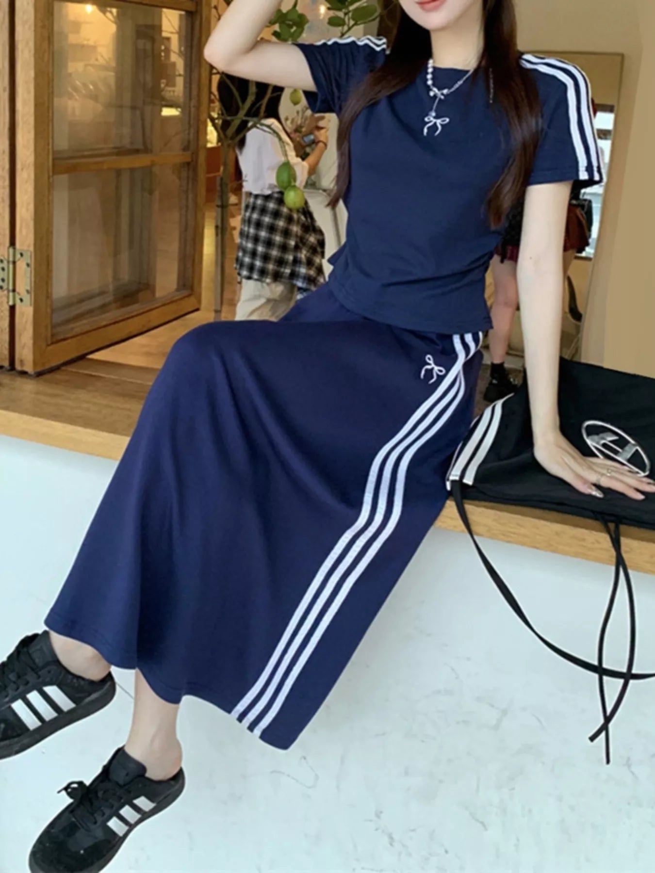 Striped Round Neck Tee and Skirt Set