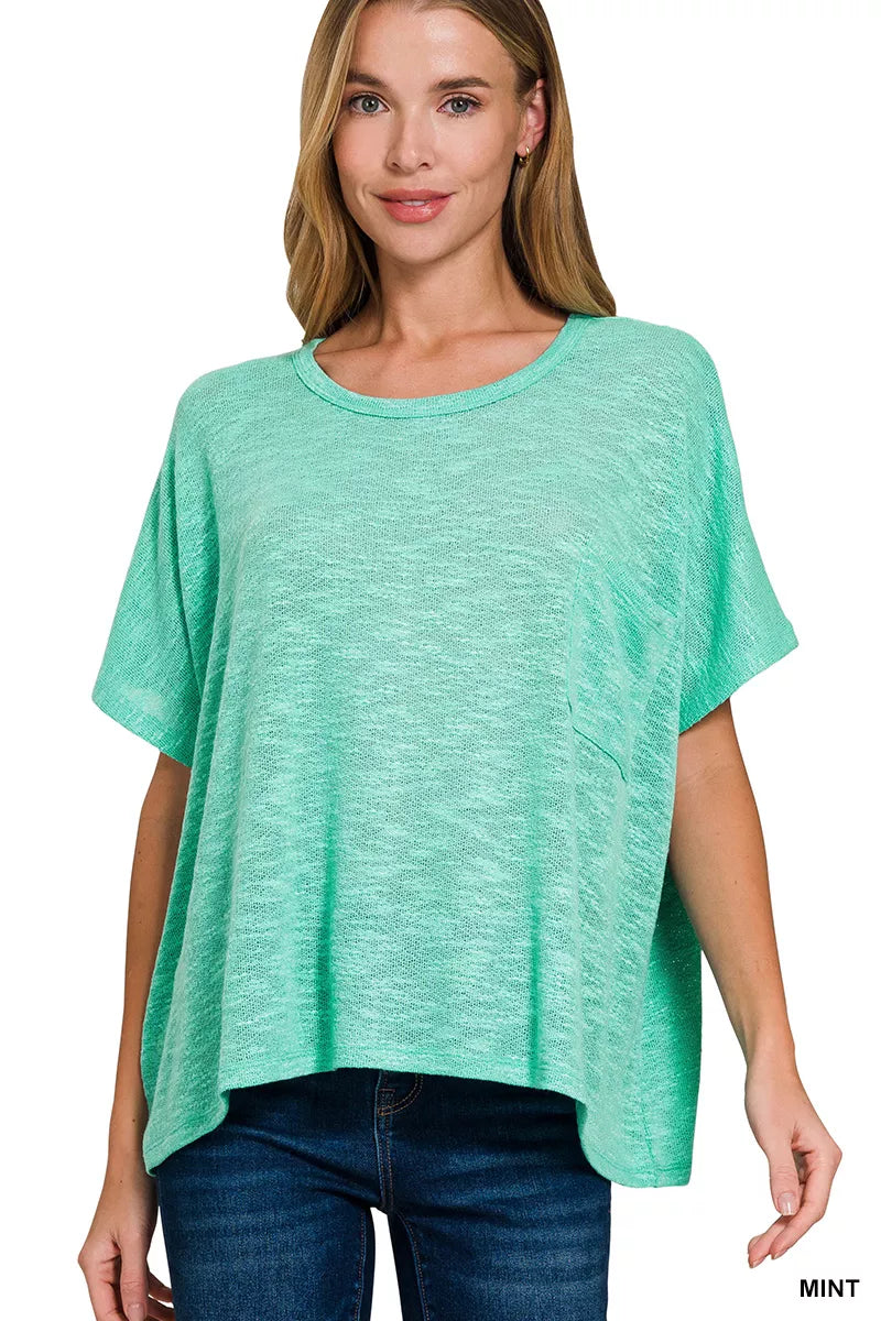 Zenana Oversized Slub Hacci Top with Pocket