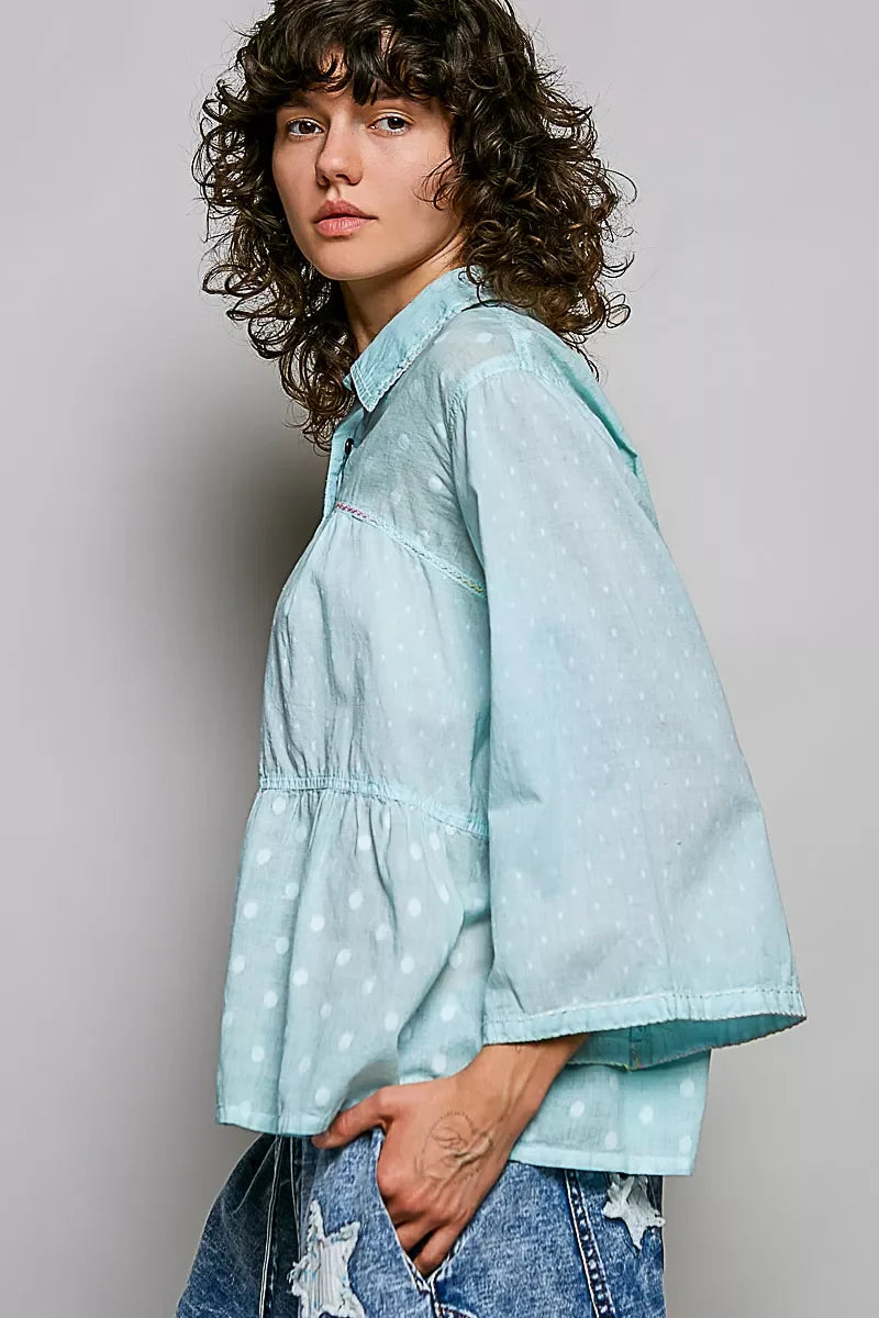 POL Tonal Dot Weave Textured Button Front Shirt