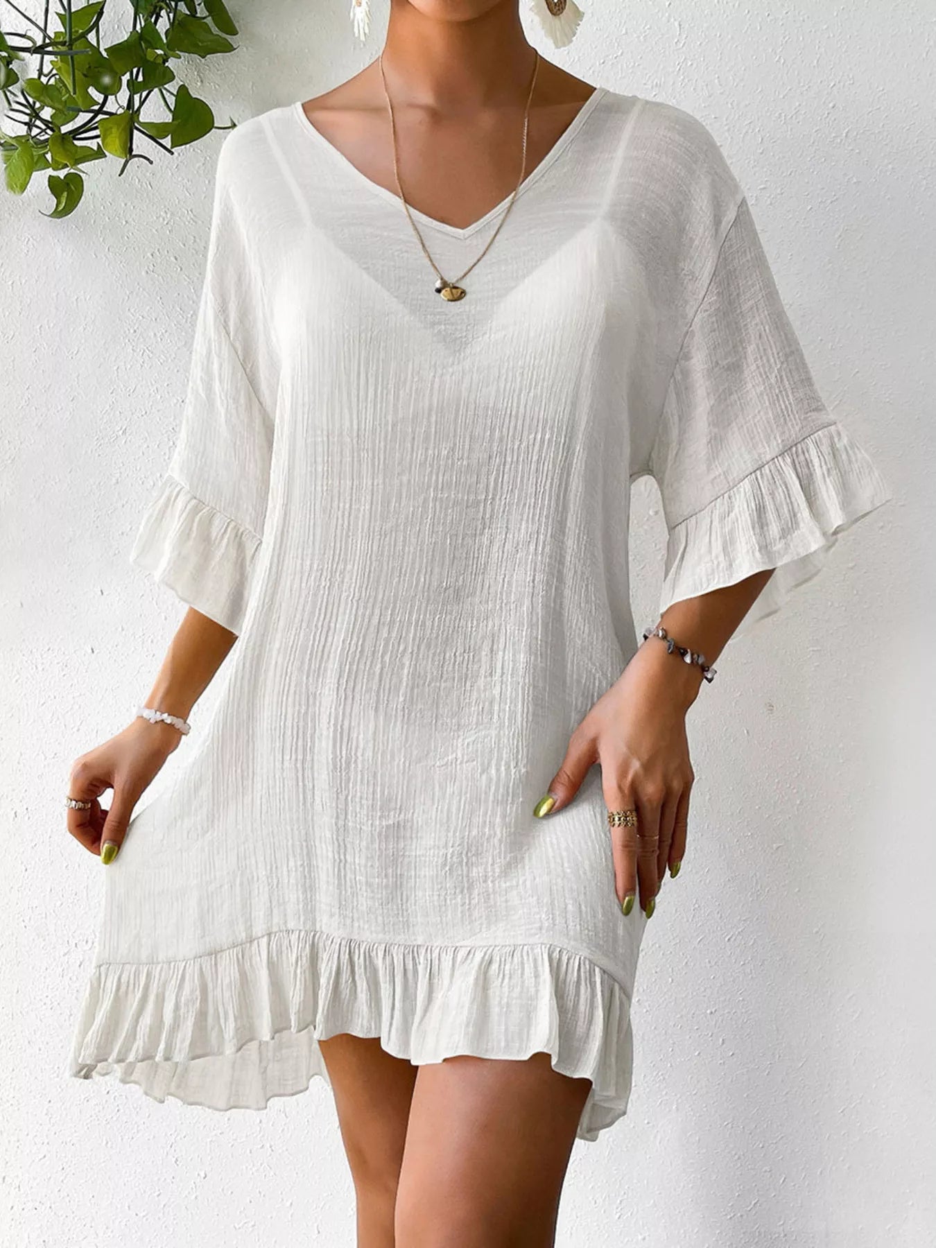 Ruffle Trim Butterfly Back V-Neck Cover-Up Dress