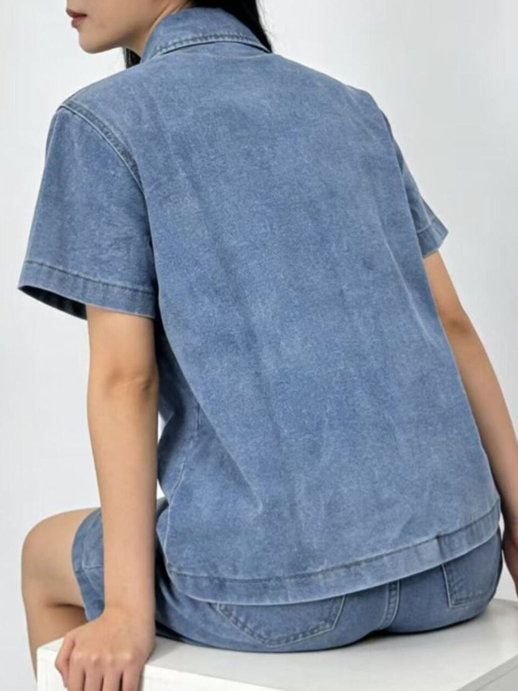 Button Up Short Sleeve Top and Shorts Denim Set